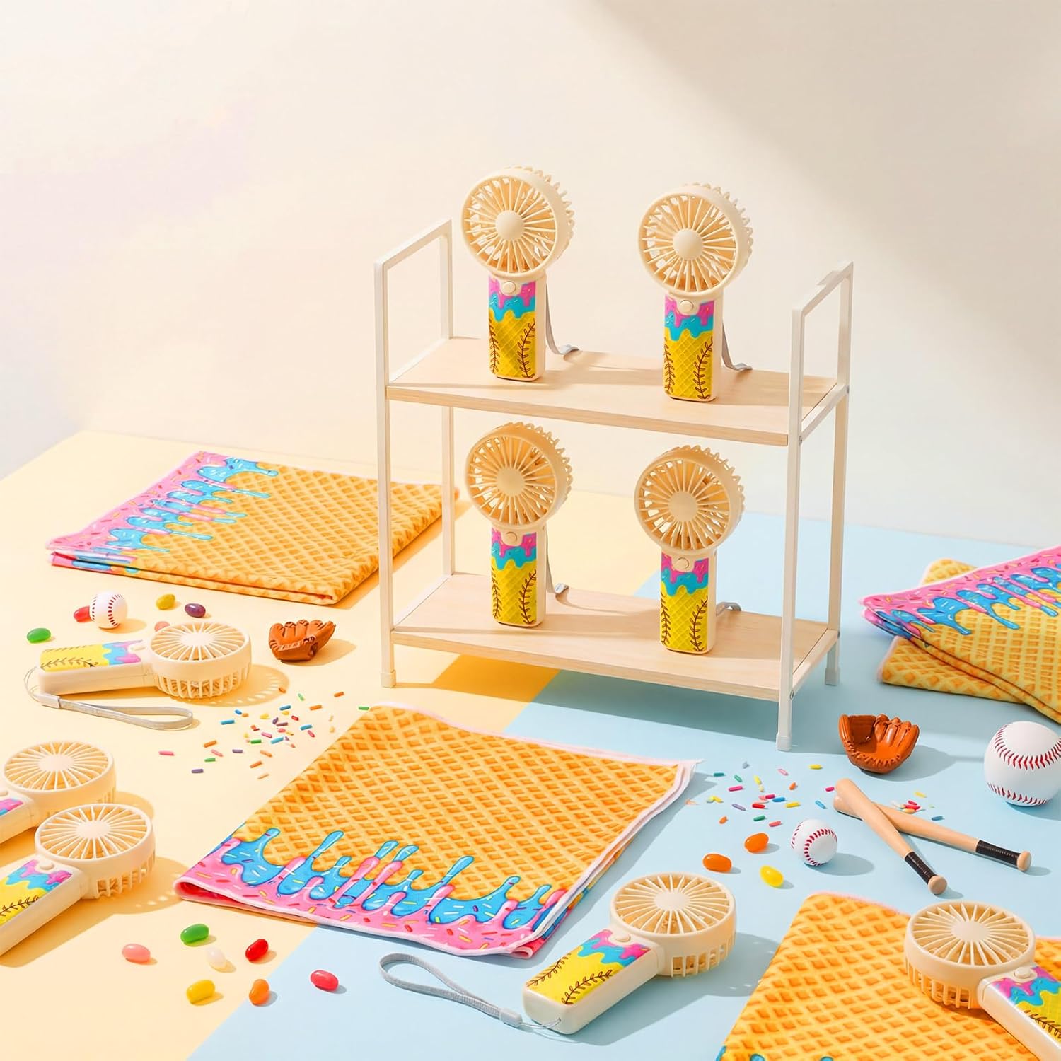 24 Pcs Ice Cream Drip Baseball Cooling Towels 40"x12" Workout Towel and Portable Mini Handheld Cooling Fans for Team Gift Baseball Sport Enthusiasts Birthday Party Favors, Battery Not Include