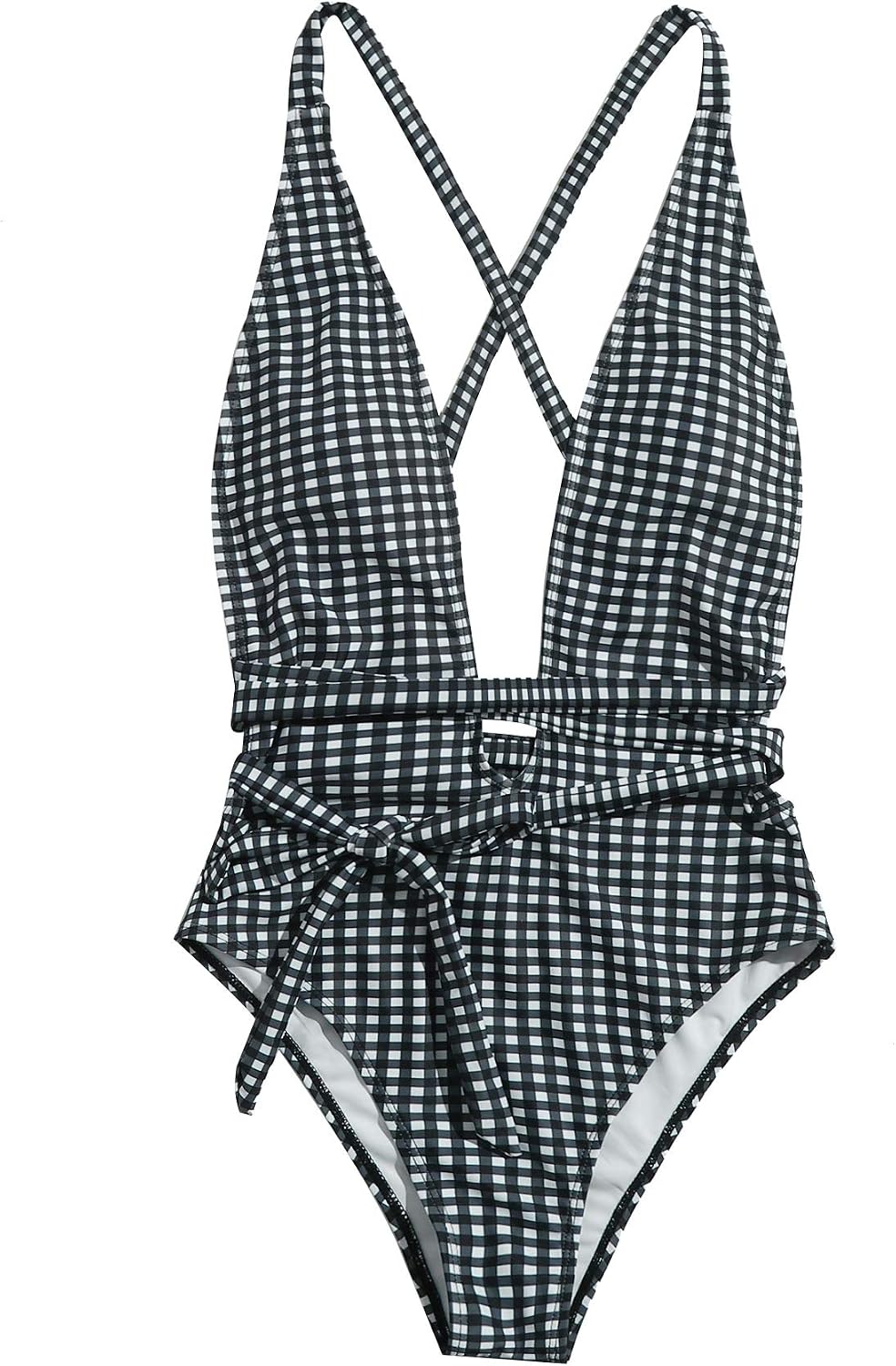SweatyRocks Women's Sexy Bathing Suits Criss Cross Tie Knot Front Deep V Open Back Leopard One Piece Swimwear