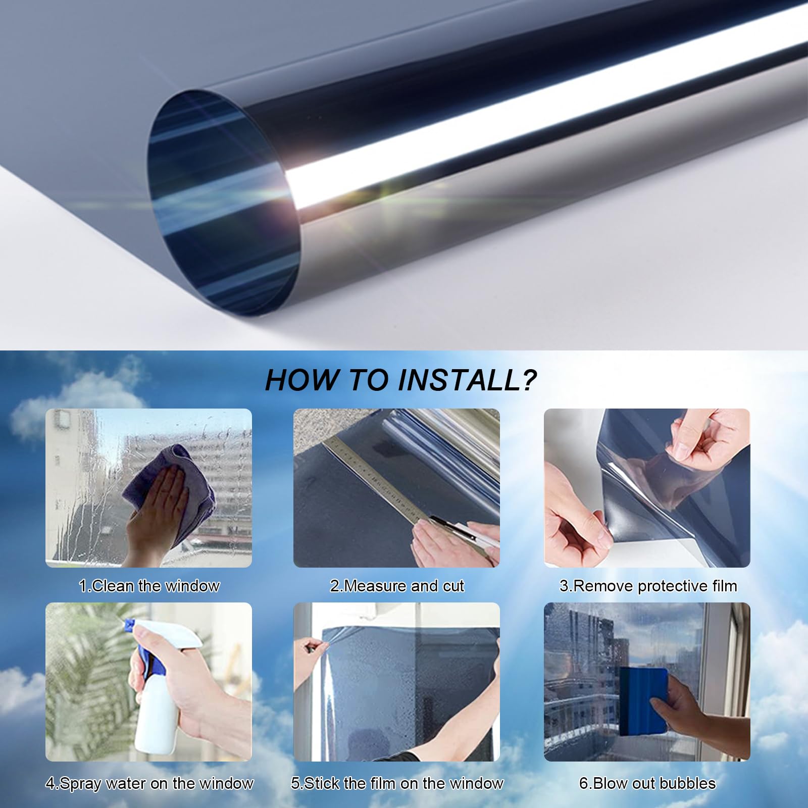 Shackcom Film Fenêtre Anti Regard Miroir sans Tain 90x200cm Bleu Argenté Film Solaire Adhésif Électrostatique sans Colle Anti UV & Anti Chaleur Occultant Protection de Soleil pour Maison Bureau