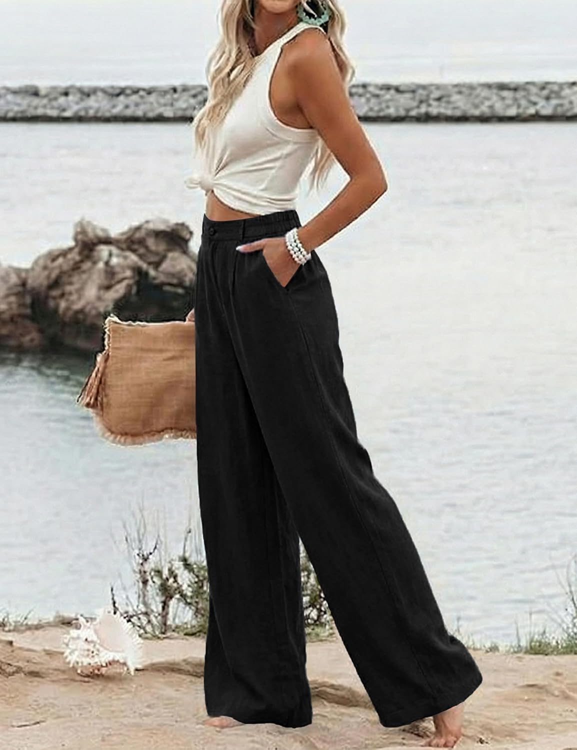 Hooever Womens Cotton Linen Pants Casual Button Up High Waisted Wide Leg Trousers - Image 2