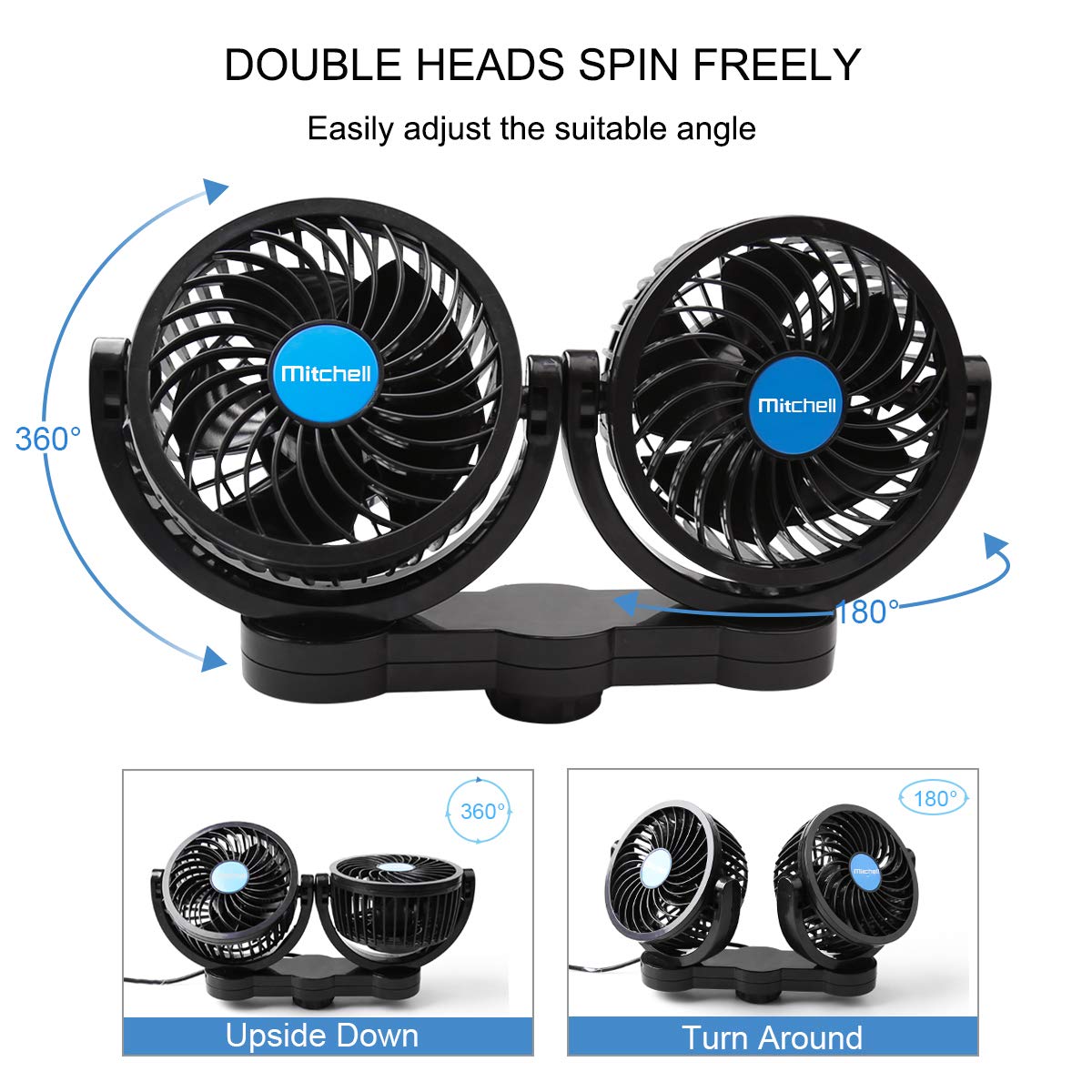 Car Fan, Electric 12V Car Fans for Rear Seat Passenger Portable Car Seat Fan 360 Degree Dual Head Rotatable Back Seat Car Fan Cooling Air Fan with Stepless Speed Regulation for SUV, RV, Van, Vehicles : Electronics
