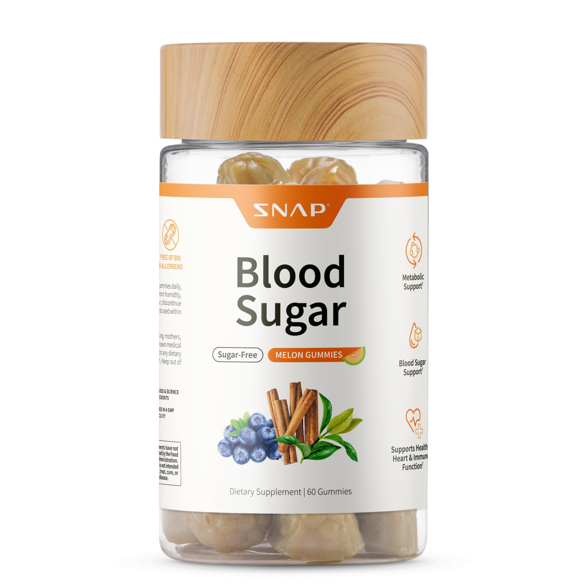Snap Supplements Blood Sugar Gummies, Support Healthy Blood Sugar Levels and Sugar Metabolism, Chewable Blood Sugar Blend, Cinnamon Bark and Blueberry Fruit Extract, Natural Melon Flavor, 60 Gummies