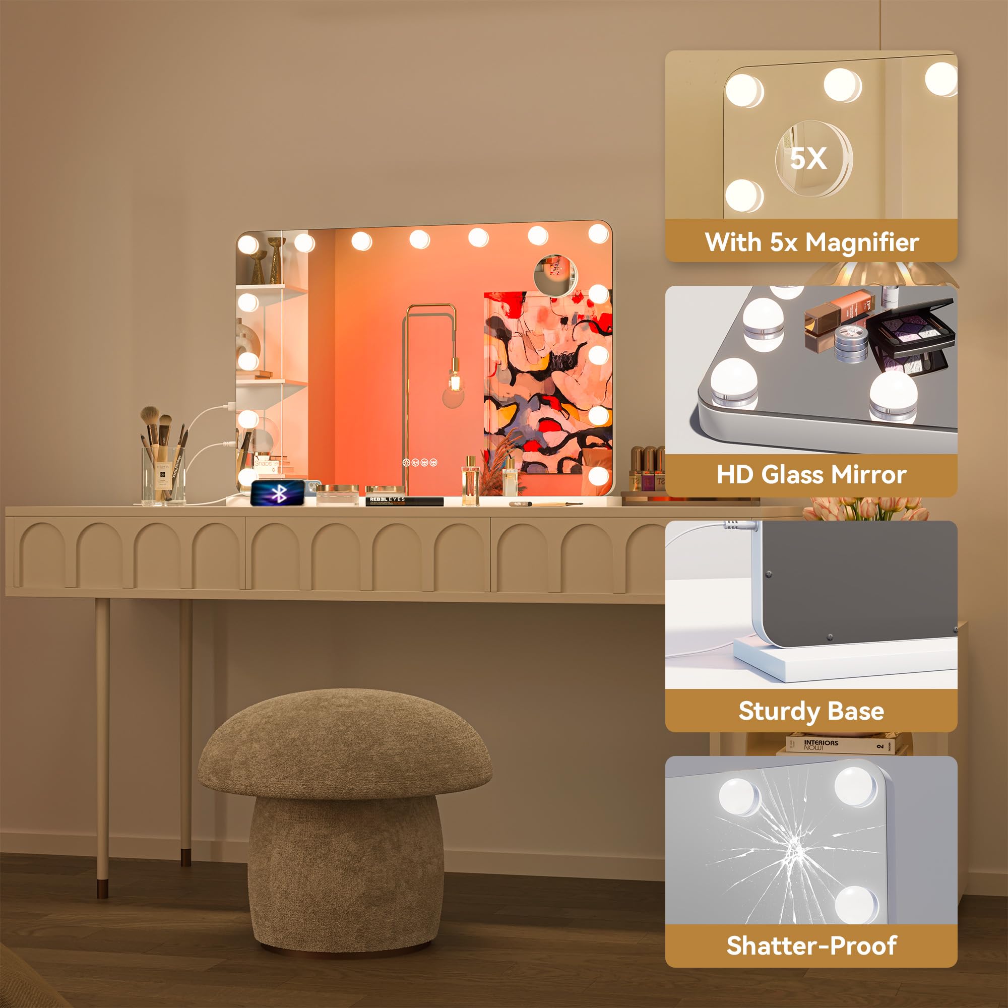 Hasipu LED Makeup Mirror with Bluetooth Speaker and Magnification