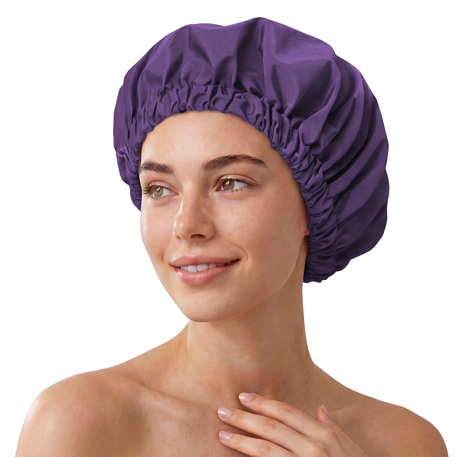 Reusable Shower Cap for Women, Large Waterproof Shower Bonnet with Elastic Band, Washable Bath Hair Cap for Long, Curly Hair, Braids, Daily Shower, Home Spa, Travel(Dark Purple)