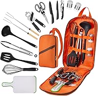 Hozzen 15-Piece Camping Cooking Set - Stainless Steel & Silicone Utensils, Portable Camp Kitchen Kit for RV, Tent, BBQs, Picnics