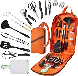 Hozzen 15-Piece Camping Cooking Set - Stainless Steel & Silicone Utensils, Portable Camp Kitchen Kit for RV, Tent, BBQs, Picnics