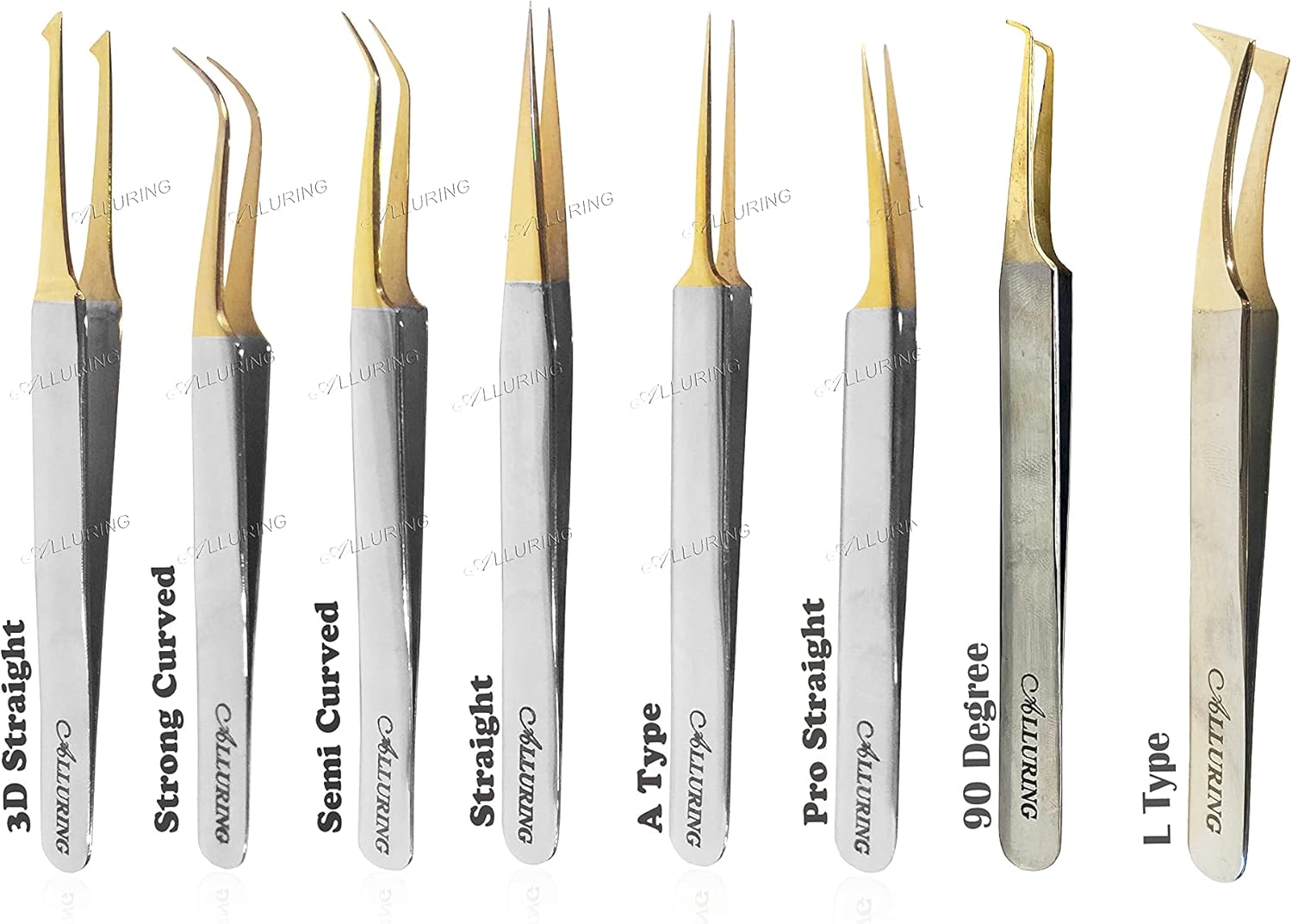 Alluring Chrome with Gold Tip Tweezers for Eyelash Extension - Set of 8 Tweezers