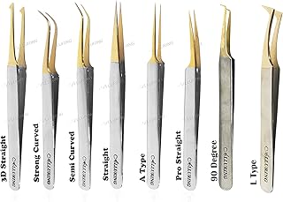 Alluring Chrome with Gold Tip Tweezers for Eyelash Extension - Set of 8 Tweezers