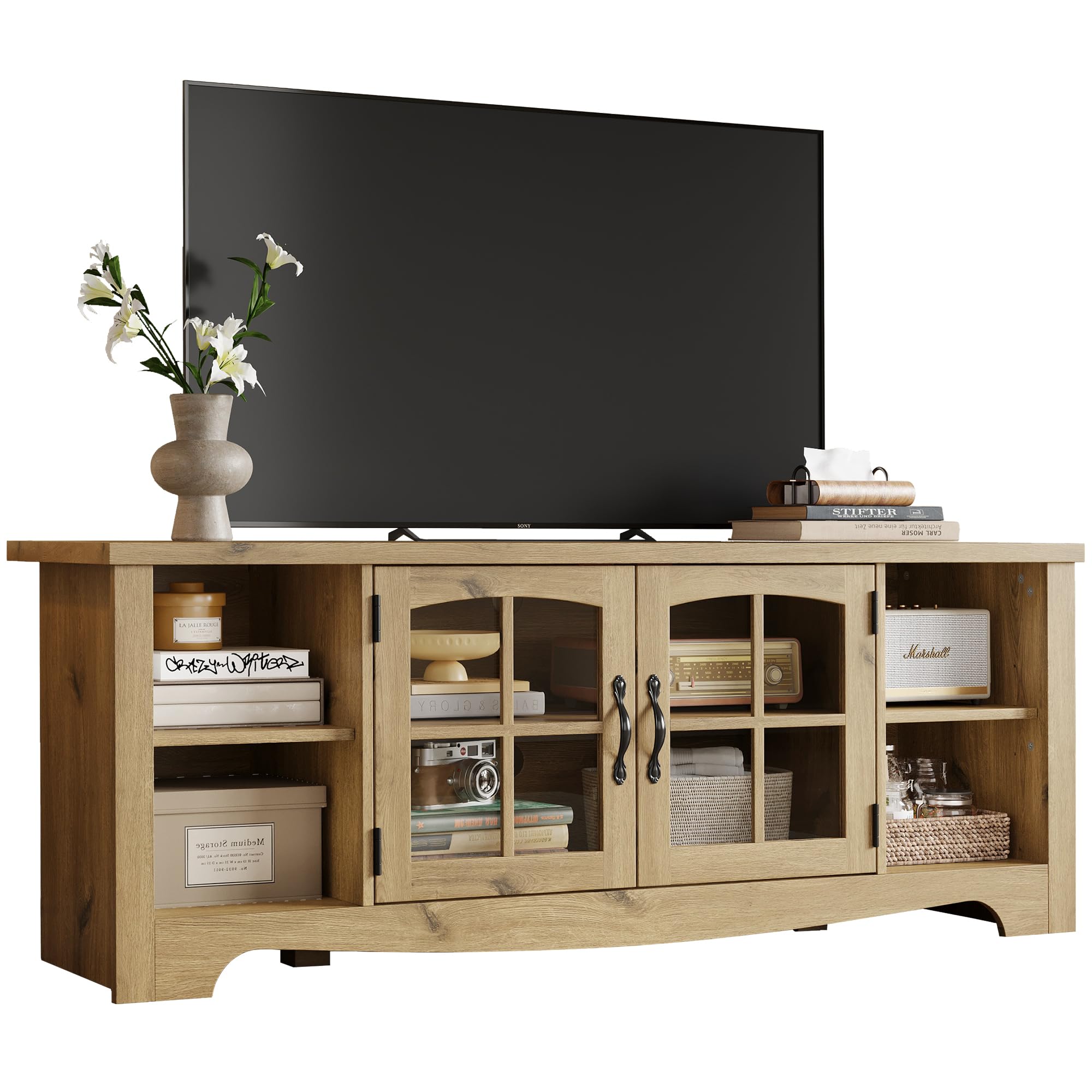 LINSY HOME Farmhouse TV Stand for 65 Inch TV, Wood Entertainment Center with Glass Door Storage Cabinet & Adjustable Shelves, Sturdy TV Console Table for Living Room Bedroom, Oak