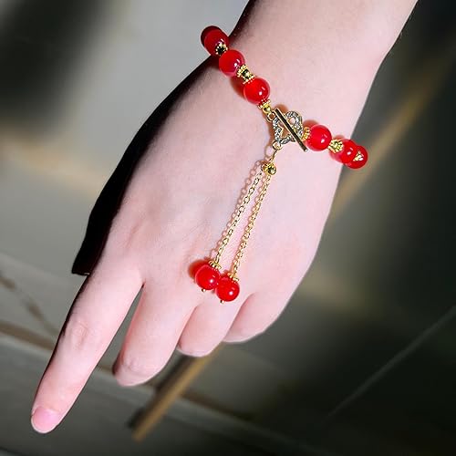Miniatura 2 de Pulsera de cuentas rojas vintage para mujer, pulsera de oro elástico de jade rojo natural con cierre OT, joyería de otoño de Acción de Gracias