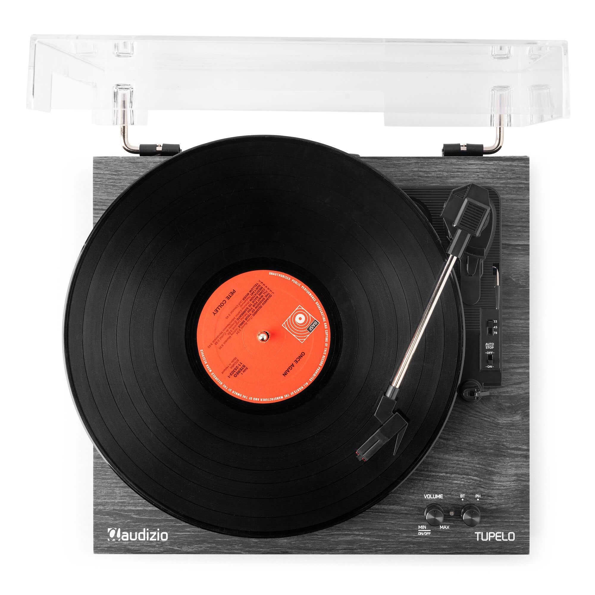 Audizio Tupelo - Giradischi con altoparlante e Bluetooth, set giradischi con amplificatore, 3 velocità (33/45/78 giri/min), lettore in vinile da 120 Watt con 2 altoparlanti stereo, gramofono, nero
