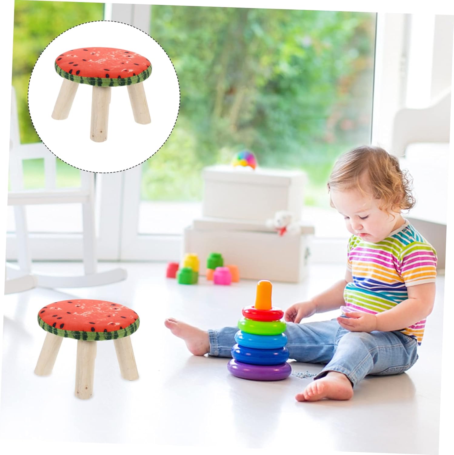 PRETYZOOM Small Wooden Stool Cartoon Cover Lightweight Boys and Girls Footstool for Home Use Living Room for Shoe Changing Study and Playtime