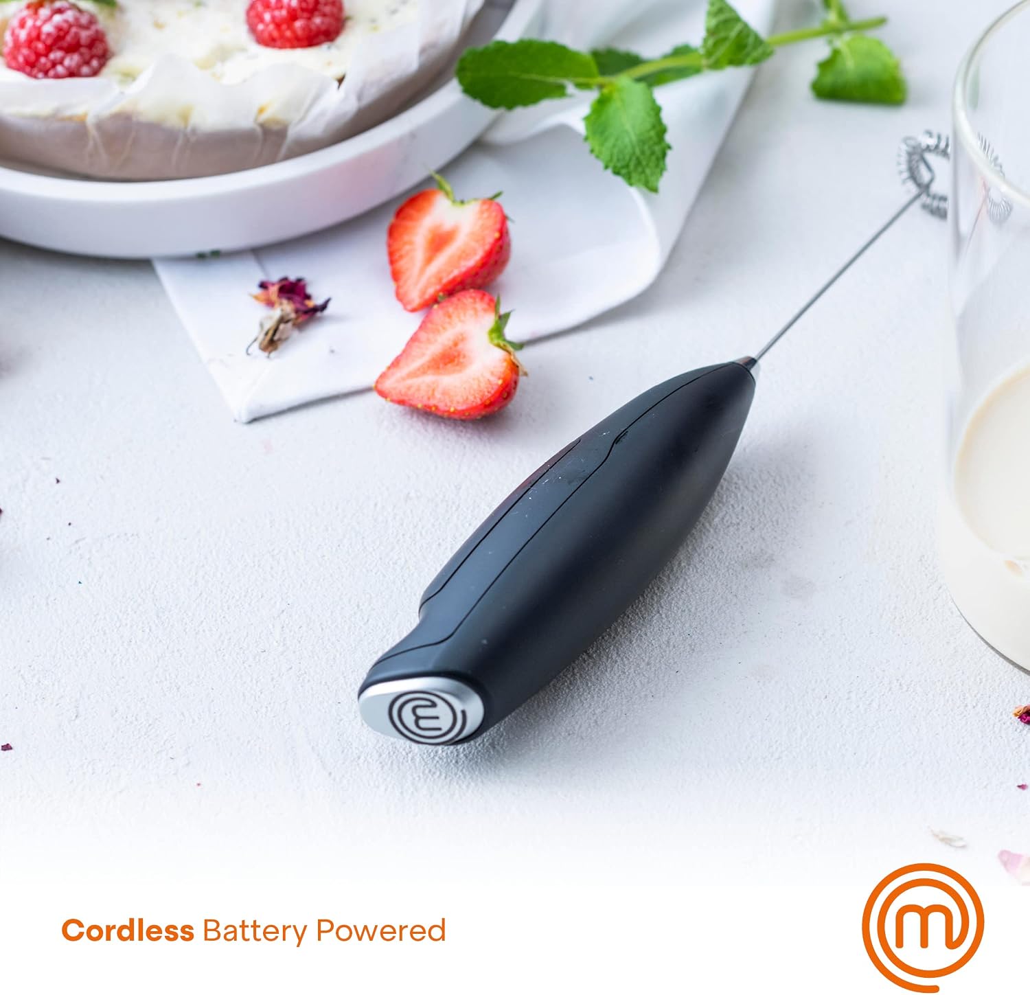 MasterChef Milk Frother for Coffee, Handheld Electric Matcha Whisk, Mini Stainless Steel Frothing Wand for Cappuccino & Latte, Portable Hand Held Drink Foamer with Soft Touch Handle, Battery Powered