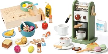 Kids Wooden Coffee Maker Toy & Pretend Play Food Toys Set for Kids Toddlers