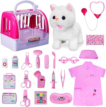 Doctor Kit for Girls -Vet Play Sets for Kids, Pretend Play Doctor Set with Pet Cage and Kitten Toy, Doctor Play Gift for Kids Toddlers Ages 3 4 5 6 Year Old for Role Play White Kitten