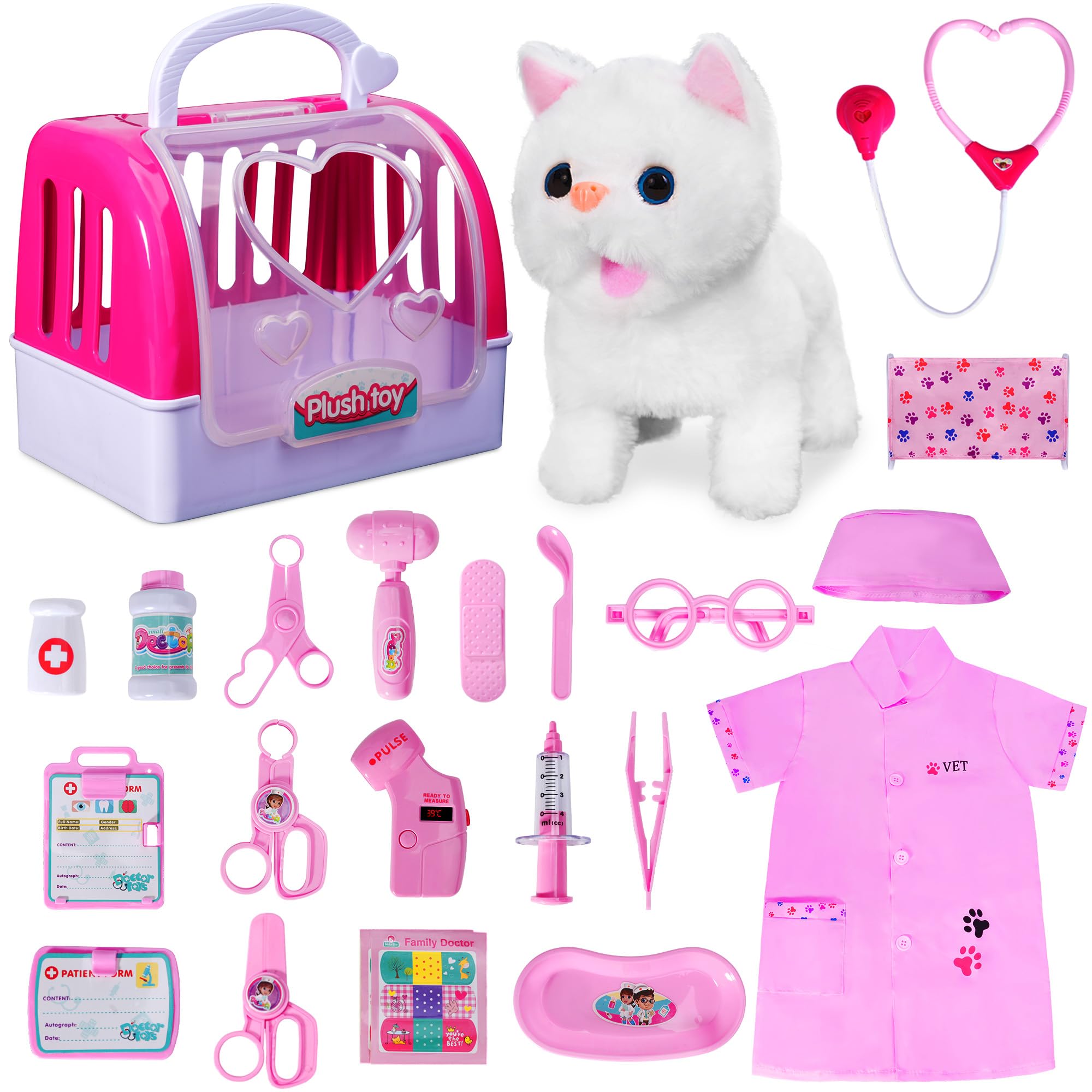 Doctor Kit for Girls -Vet Play Sets for Kids, Pretend Play Doctor Set with Pet Cage and Kitten Toy, Doctor Play Gift for Kids Toddlers Ages 3 4 5 6 Year Old for Role Play (White Kitten)