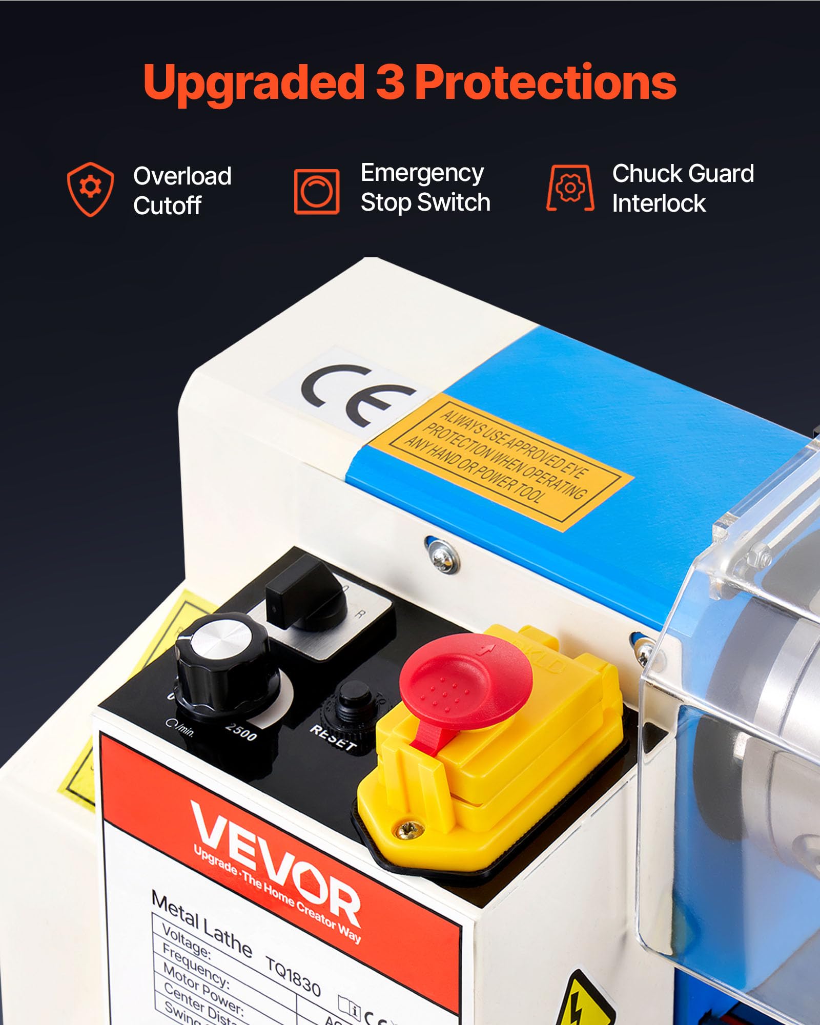VEVOR Tornio da Banco per Metalli 180 x 305 mm Velocità 2500 giri/min 550W | Per 8 Filettature Metriche, Tornitura, Foratura, Zigrinatura, Ingranaggio in Nylon, Rotazione Reversibile, Corpo in Ghisa