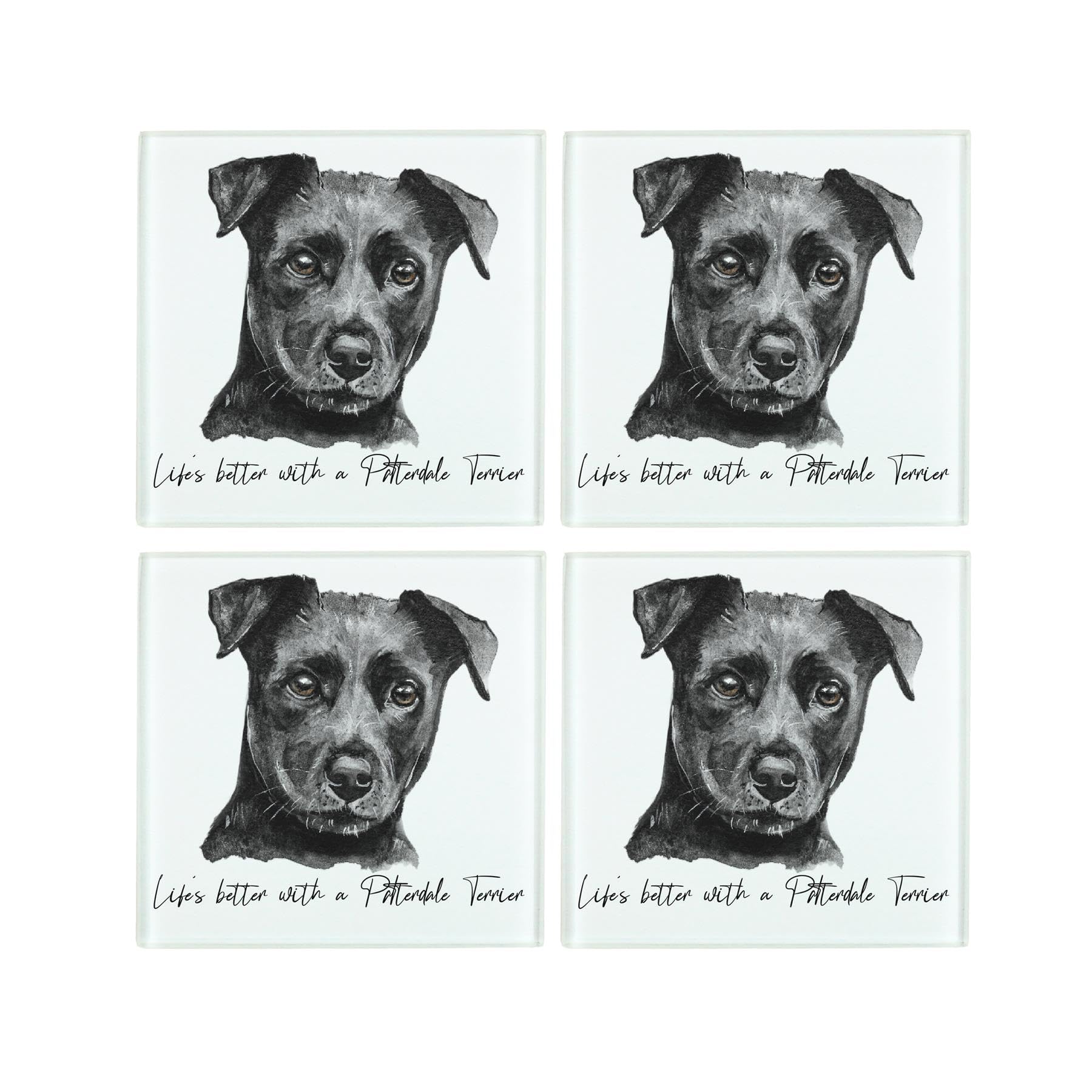 Purely Home Black Patterdale Terrier Coaster Set - Life's Better With A Dog Gift - Square Glass Set Of Four (4) Coasters