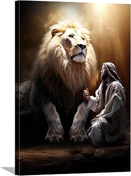 Jesus and Lion Canvas Wall Art Christian Wall Decor Print Poster Painting Framed Christ Lion Picture Artwork for Home Office Living Room Bedroom Decoration