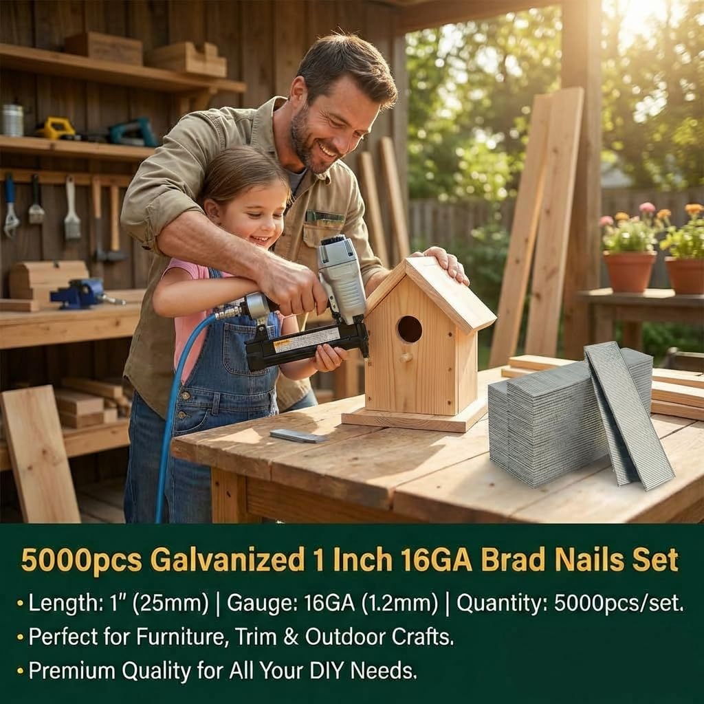 18 Gauge Brad Nails Compatible for DEWALT DCN680D1, DWFP12231, 1 Inch Galvanized Finish Nails for RYOBI P321, Rust-Resistant Nail for Milwaukee 2746-20– Pneumatic & Electric Brad Nailer, 5,000 Count view 5