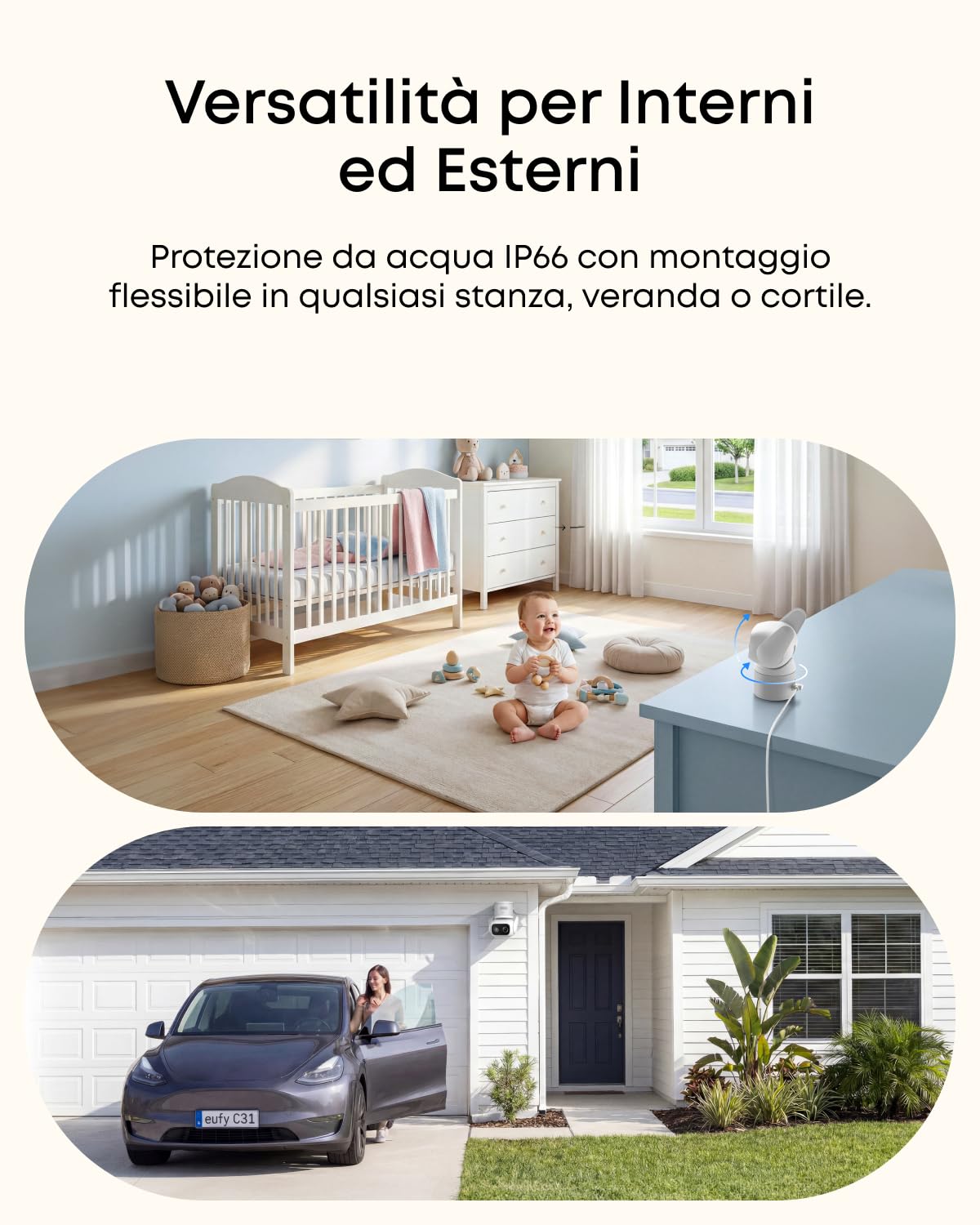 eufy C31 Cam 360° Pan/Tilt per Interni/Esterni, doppia antenna, visione notturna a colori. Registrazione 24/7 su memoria locale, nessun costo mensile. Rilevamento AI per persone/veicoli/animali/pianto