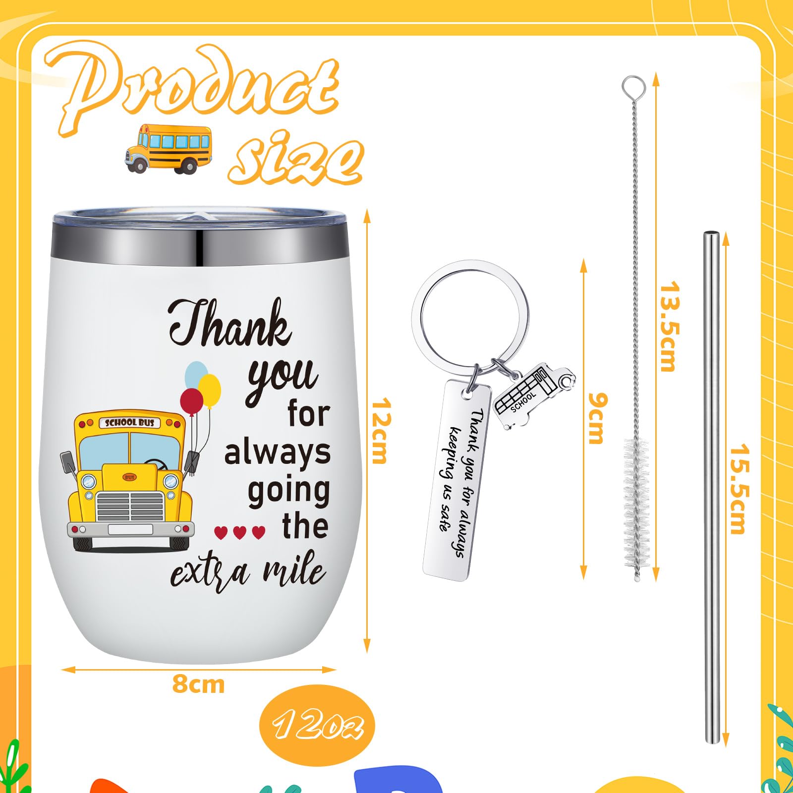 Rtteri 2 Pcs School Bus Driver Appreciation Gifts Bus Driver Gift for Women Men Tumbler Cup 12oz with Lid and Straw Stainless Steel Keychain for Back to School Present(Lovely)