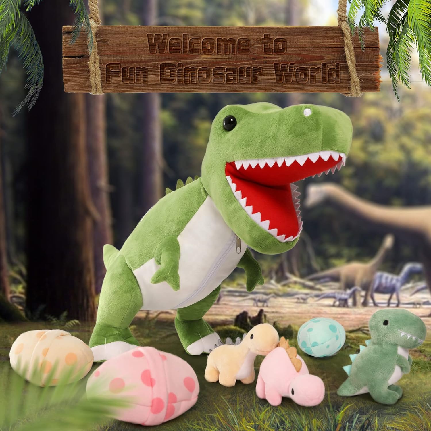 MorisMos Dinosaur Stuffed Animal with Babies,23.6'' Big T-Rex Mommy Stuffed Dinosaur with 3 Baby Dino Plush Toys, 3 Eggs,Boy Girl Dino Toys for Kid Birthday Christmas,Green T-rex