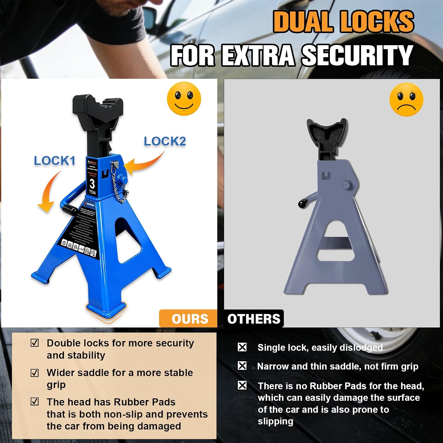3 Ton Jack Stands Heavy Duty 6,600 LBs, Car Jack Stand for Trucks with Double Pin Locking & Extra Rubber Pads, 11.3"-16.5" Adjustable for Garage, Home,DIY Vehicle Lifting, 1 Pair Blue
