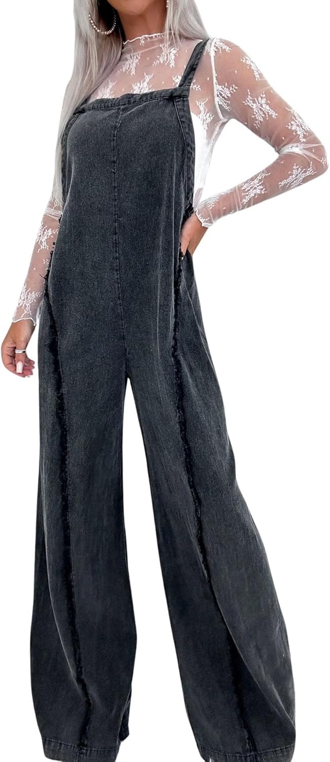 CHARTOU Women Loose Fit Denim Jumpsuit Adjustable Straps Wide Leg Long Pants Frayed Jean Overalls