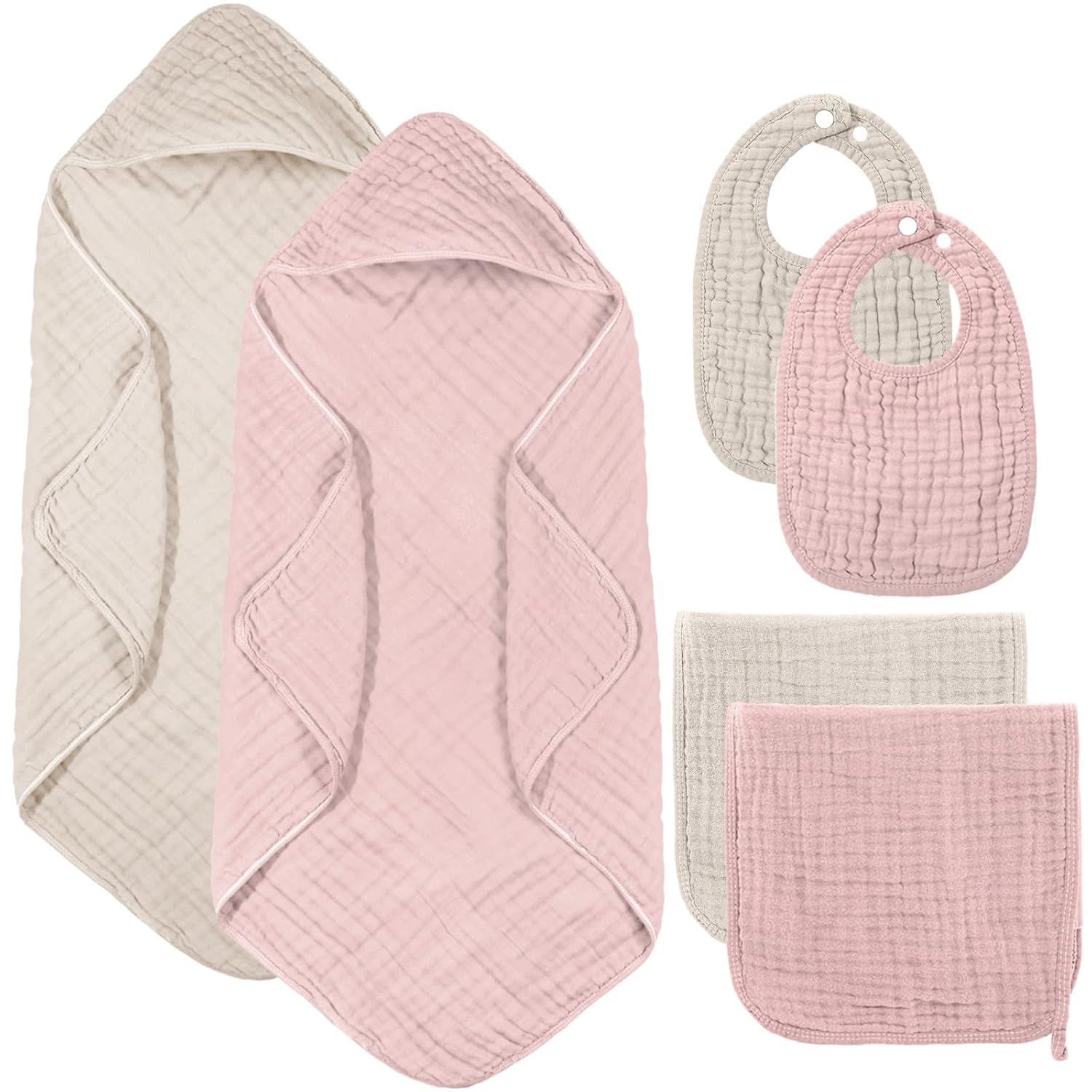 Hahafelt 6 Pcs Muslin Hooded Bath Towels Washcloths and Bibs Set, Muslin Cotton Baby Towels Absorbent Hooded Blanket Towel Infant Bibs for Boys Girls Newborn Infant Essential(Pink, Purple)
