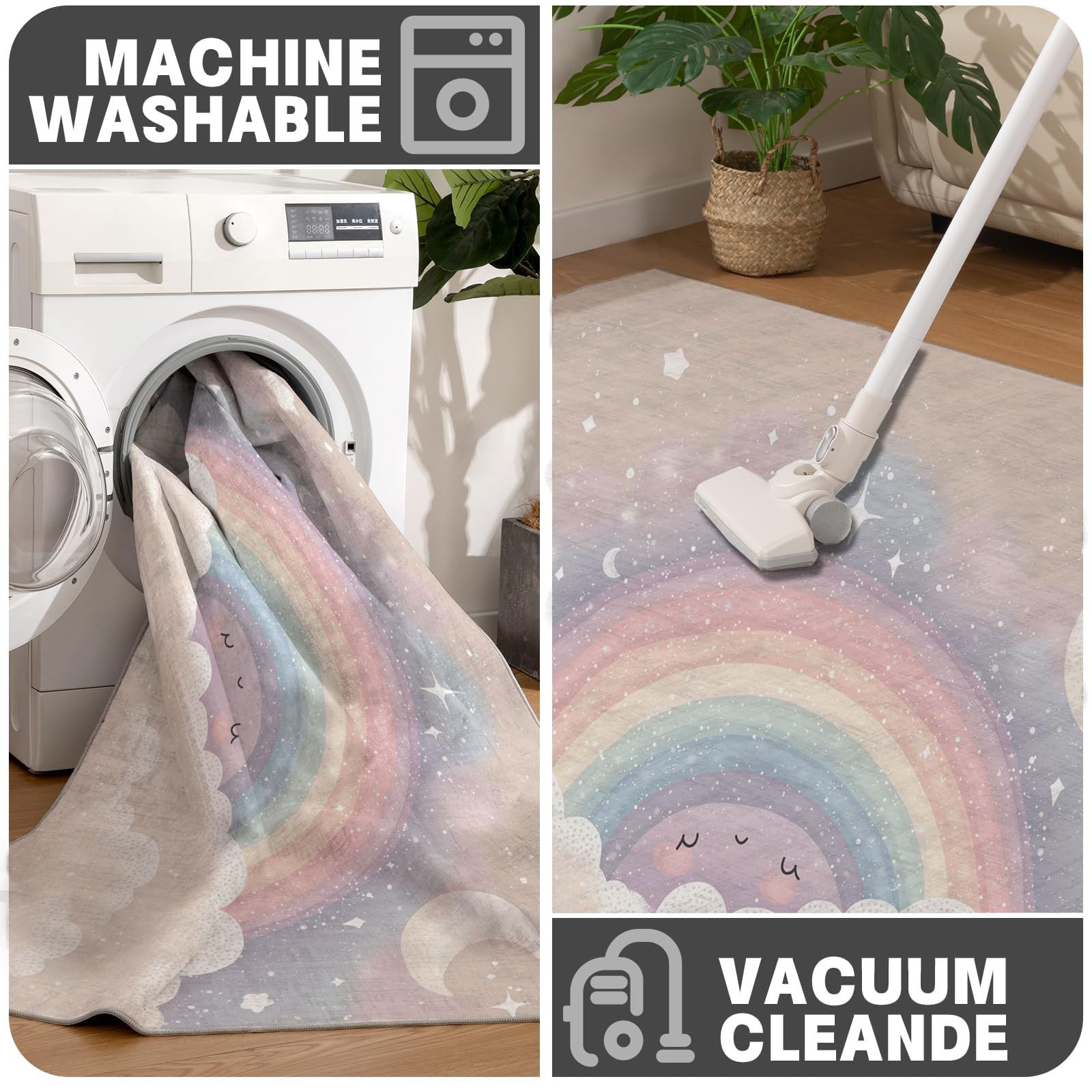 Tapis Rond Étoiles Lune Arc-en-Ciel, Style Aquarelle Onirique Lavable en Machine pour Chambre d'enfants Salle De Jeux (120cm, Multicolore)