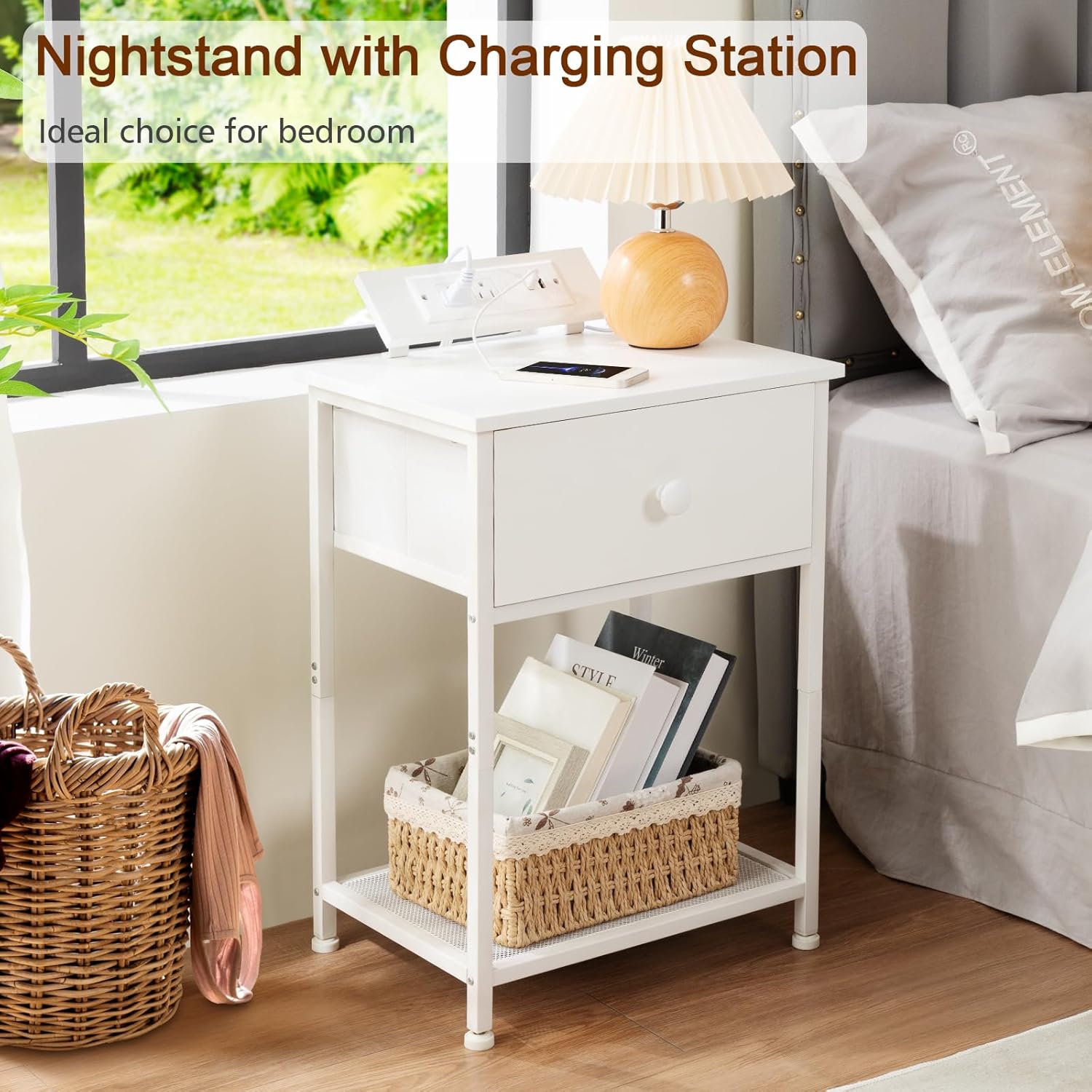 AMHANCIBLE Night Stand, White Nightstand Set of 2, Small End Tables Living Room with Charging Station, Slim Bed Side Table with Fabric Storage Drawer for Bedroom, Small Space, HET03SDPWT