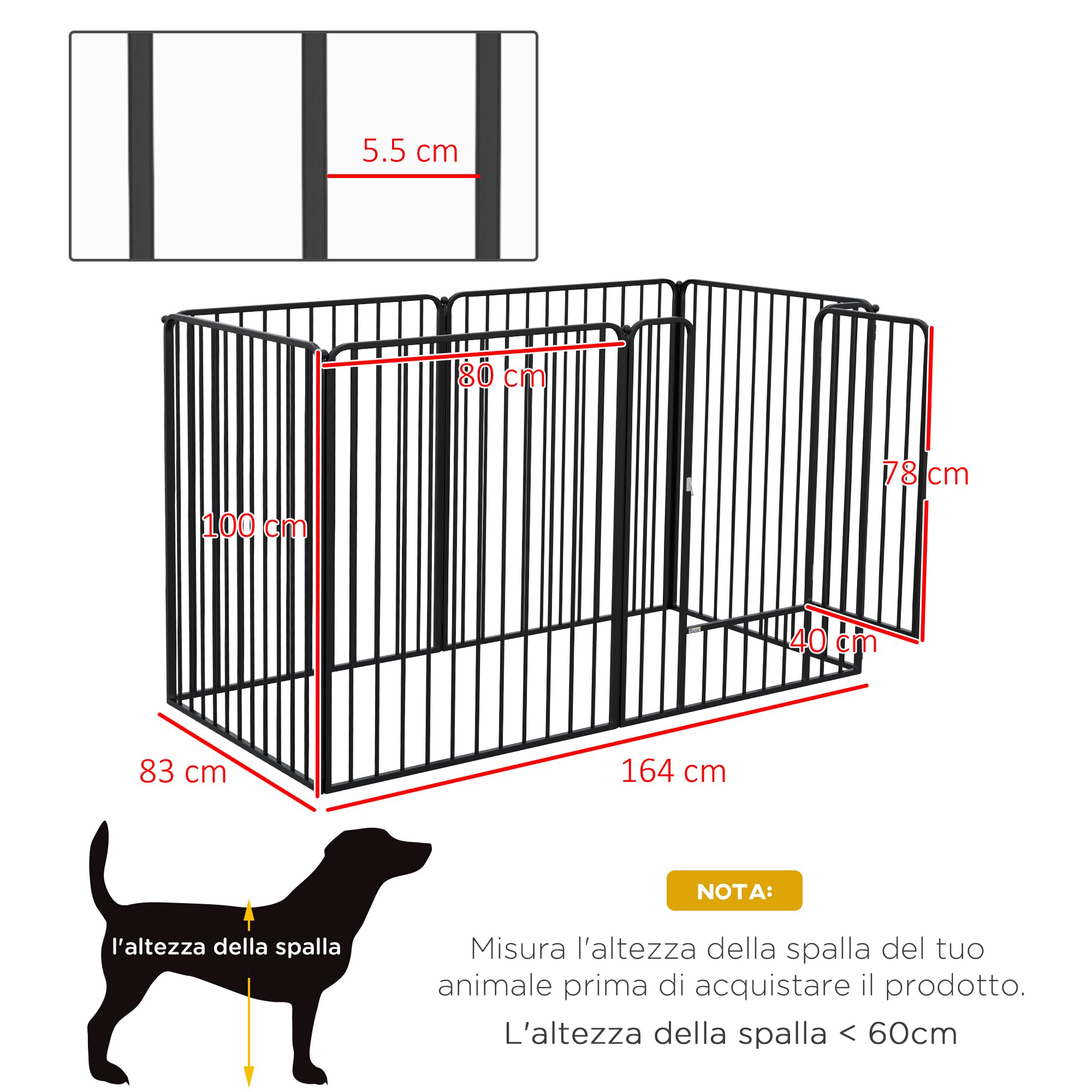 PawHut 6-teiliger modularer Stahl-Hundekäfig 164x83x100 cm Schwarz | Kleine, mittlere & große Größe, Innen- & Außenbereich, Hundegitter, 7 Erdspieße