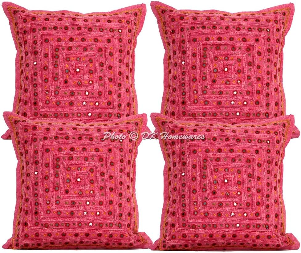 Boho Decorative Accent Throw Pillow Covers 16 Inch Cotton Mirrored Embroidered Ethnic Square Sofa Cushion Covers (Size - 40x40 cm ; Color: Pink) - Set of 4 Pcs (Cover Only)