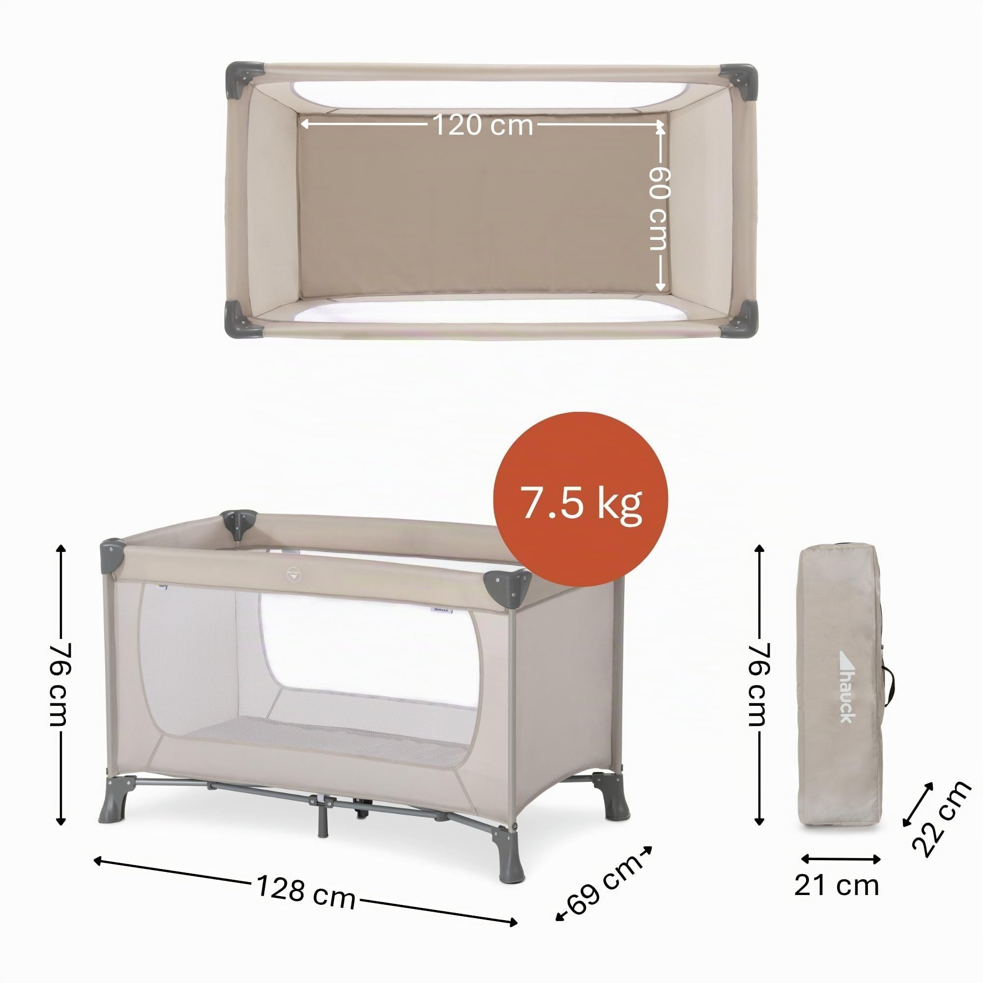 hauck Dream N Play Lit Parapluie – Lit Voyage Bebe et Enfant, Pliable, Compact, avec Sac de Transport, de la Naissance à 15 kg, Filets Respirants - Beige