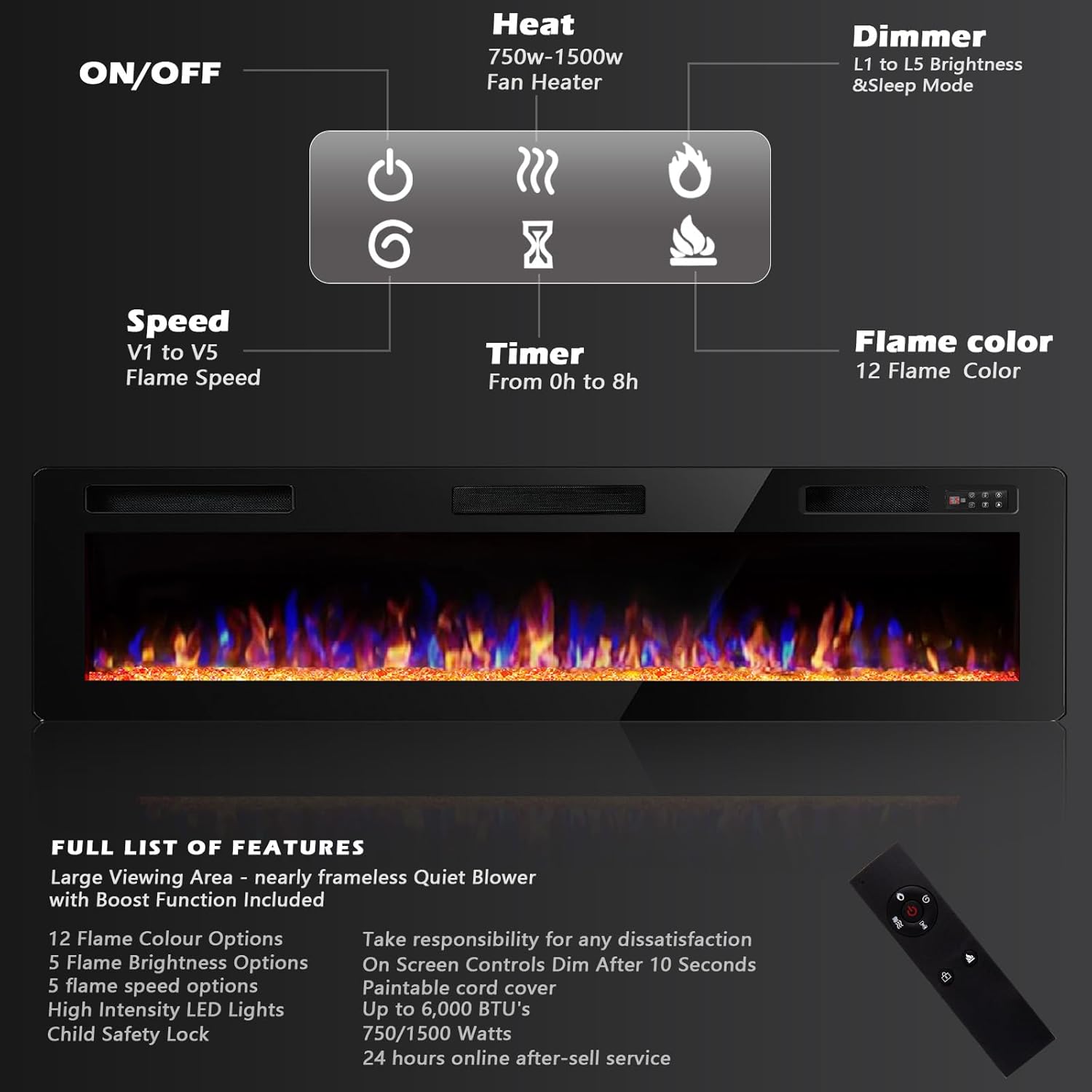 BOSSIN 72 inch Ultra-Thin Silence Linear Electric Fireplace, Recessed Wall Mounted Fireplace, Fit for 2 x 4 and 2 x 6 Stud, 12 Adjustable Flame Color & Speed,Touch Screen Remote Control with 8h Timer