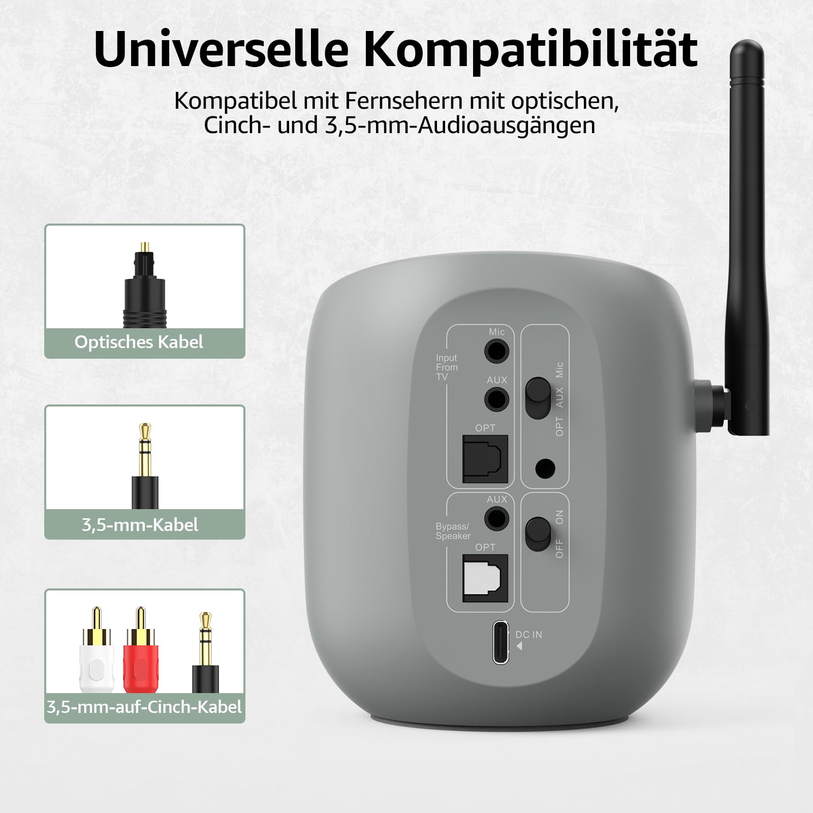 1Mii DS70 Audio-Bluetooth-Sender für Fernseher zu kabellosen Kopfhörern/Lautsprechern, aptX AD/HD/LL/aptX/SBC, optische/AUX-/Cinch-Buchsen und Mikrofoneingang, kompatibel mit 99% Aller Fernseher