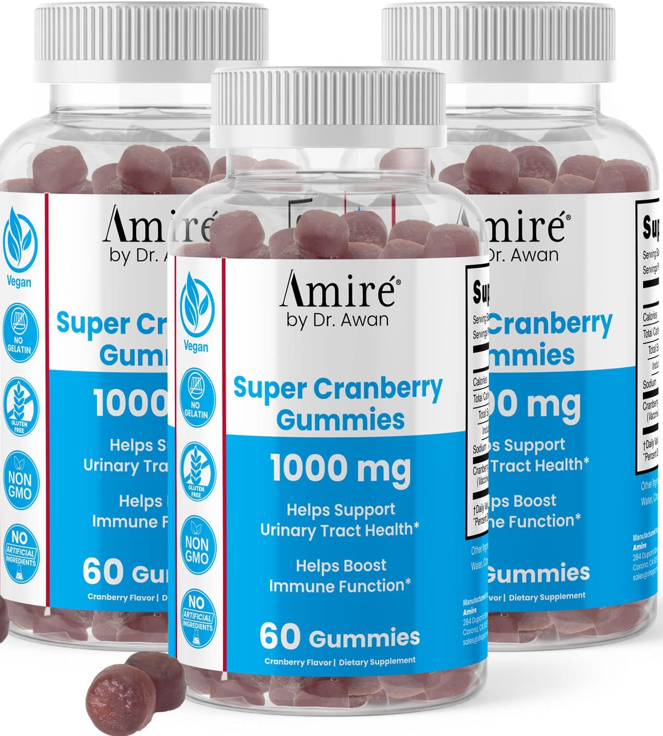 Amire by Dr. Awan Super Cranberry Gummies, Helps Support Urinary Tract Health, Helps Boosts Immune Function, Gelatin-Free Cranberry Chews for Men & Women, 240ct, 120-day Supply