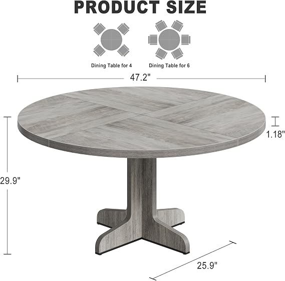 47.2in Round Dining Table for 4-6 People, Farmhouse Kitchen Table with Wooden Tabletop and Legs, Circle Dinner Tables No Shaking Easy Assemble for Kitchen, Dining Room, or Living Room, Grey