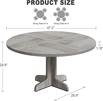 47.2in Round Dining Table for 4-6 People, Farmhouse Kitchen Table with Wooden Tabletop and Legs, Circle Dinner Tables No Shaking Easy Assemble for Kitchen, Dining Room, or Living Room, Grey
