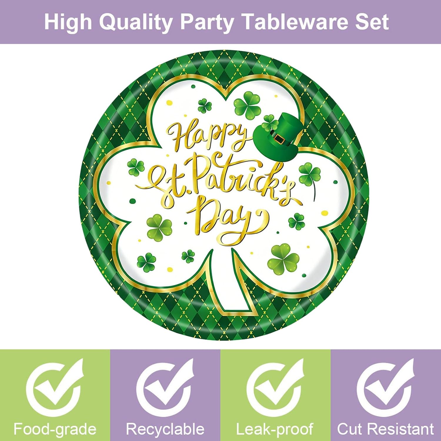 20 Pack Happy St. Patrick's Day Paper Plates,9'' Clover Hat Disposable Paper Plates Dessert Dinner Plate,Green Spring St. Patrick's Day Decorations Party Supplies