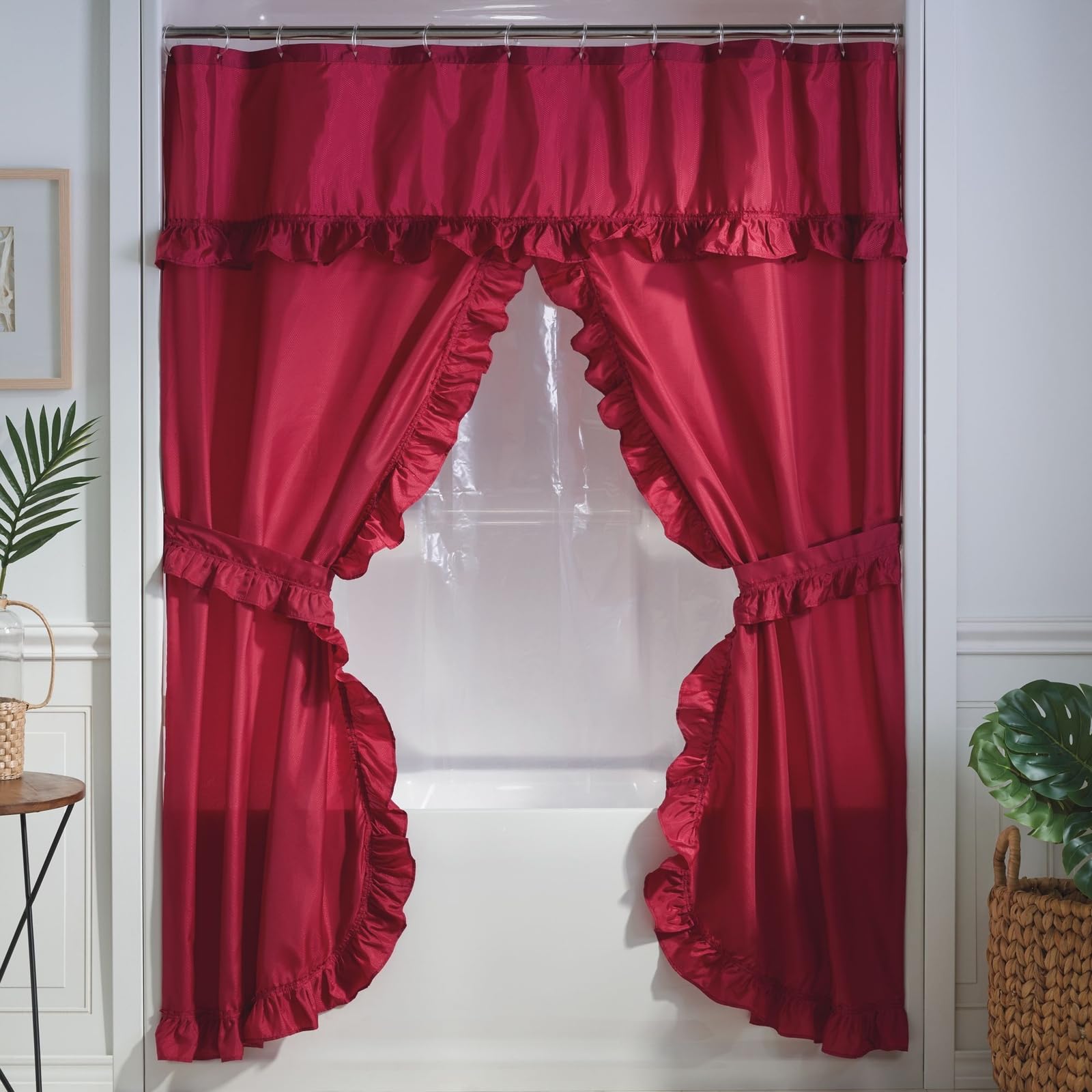 Stoneberry Home Ruffled Shower Curtain Set, Elegant 4-Piece Bathroom Ensemble with Attached Valance, Curtain Liner, Hooks, & Tiebacks, Burgundy