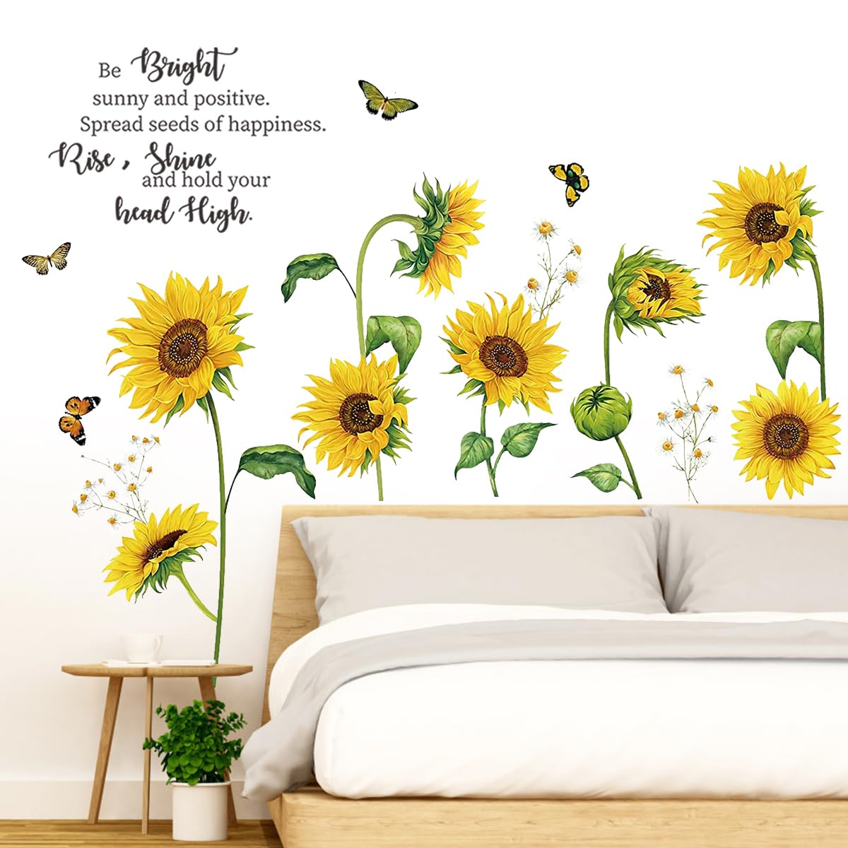 Sunflower Wall Stickers, HOLENGS Inspirational Quotes Sunflower Wall Decals, Yellow Flowers Butterfly Garden DIY Art Decor for Living Room Kitchen