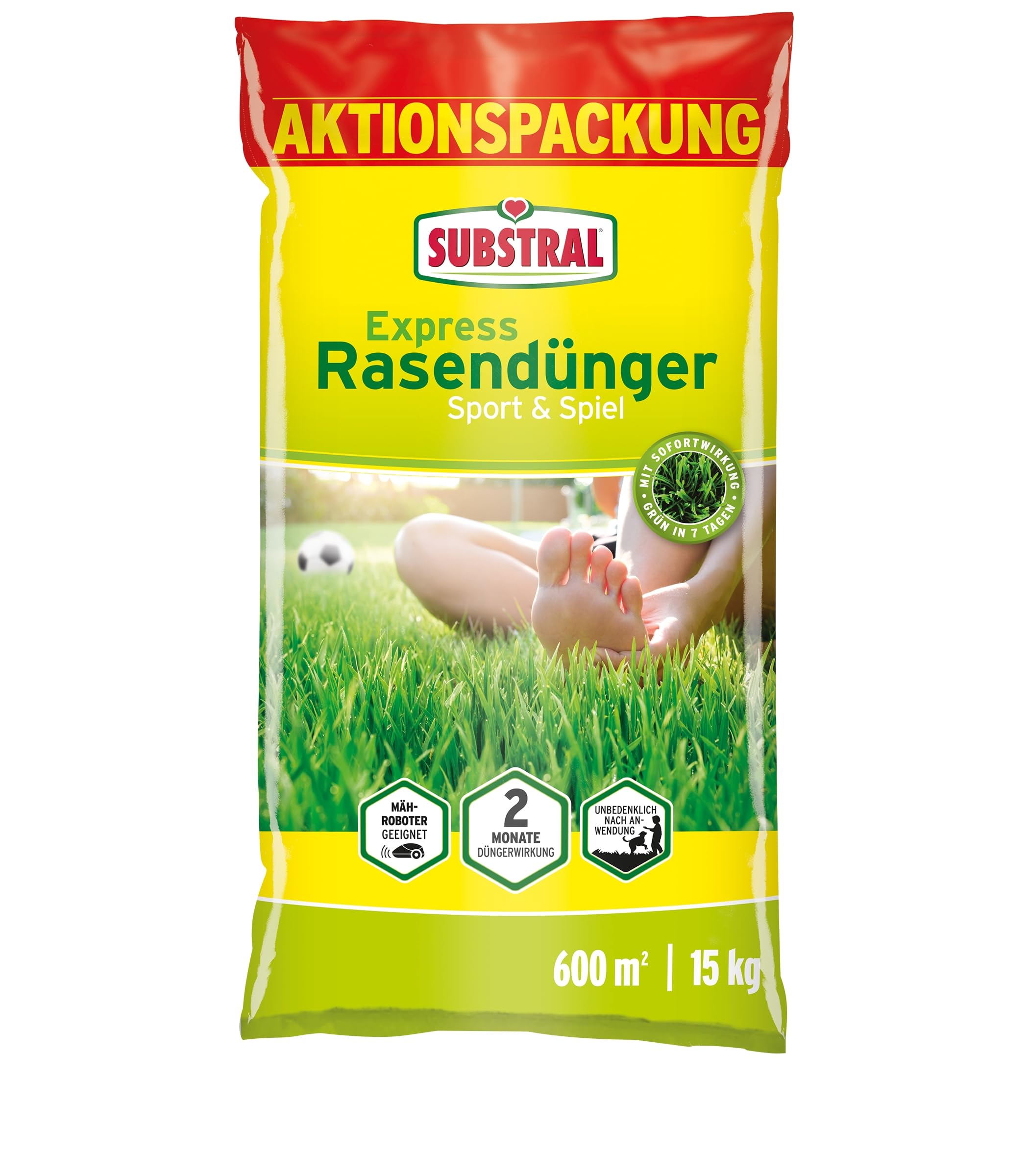 Substral Express Rasendünger Sport & Spiel 15kg Turbo - Rasendünger für 600 m² schnelle Wirkung für dichten und strapazierfähigen Rasen geeignet für Streuwagen und Mähroboter