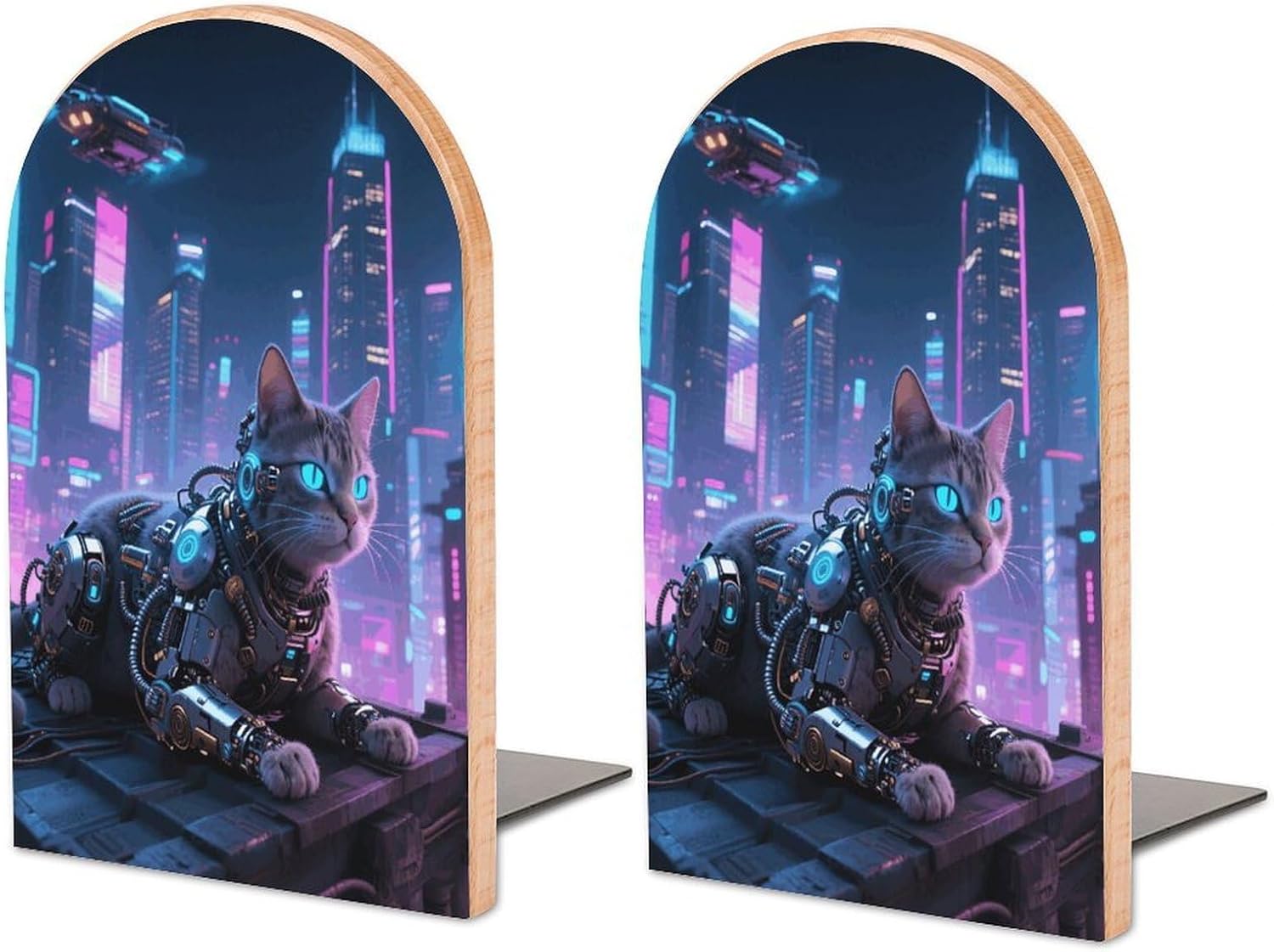 Mechanical Cat Heavy Duty Wooden Bookend Non-Slip Book Ends