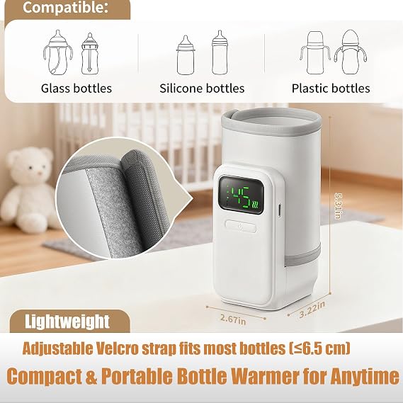 Portable Bottle Warmer, Wireless Milk Warmer with 6 Temperature Levels and Digital Display, Even Heat Distribution, USB Charging, 5000 mAh Baby Bottle Warmer for On the Go and Home, 35-55°C
