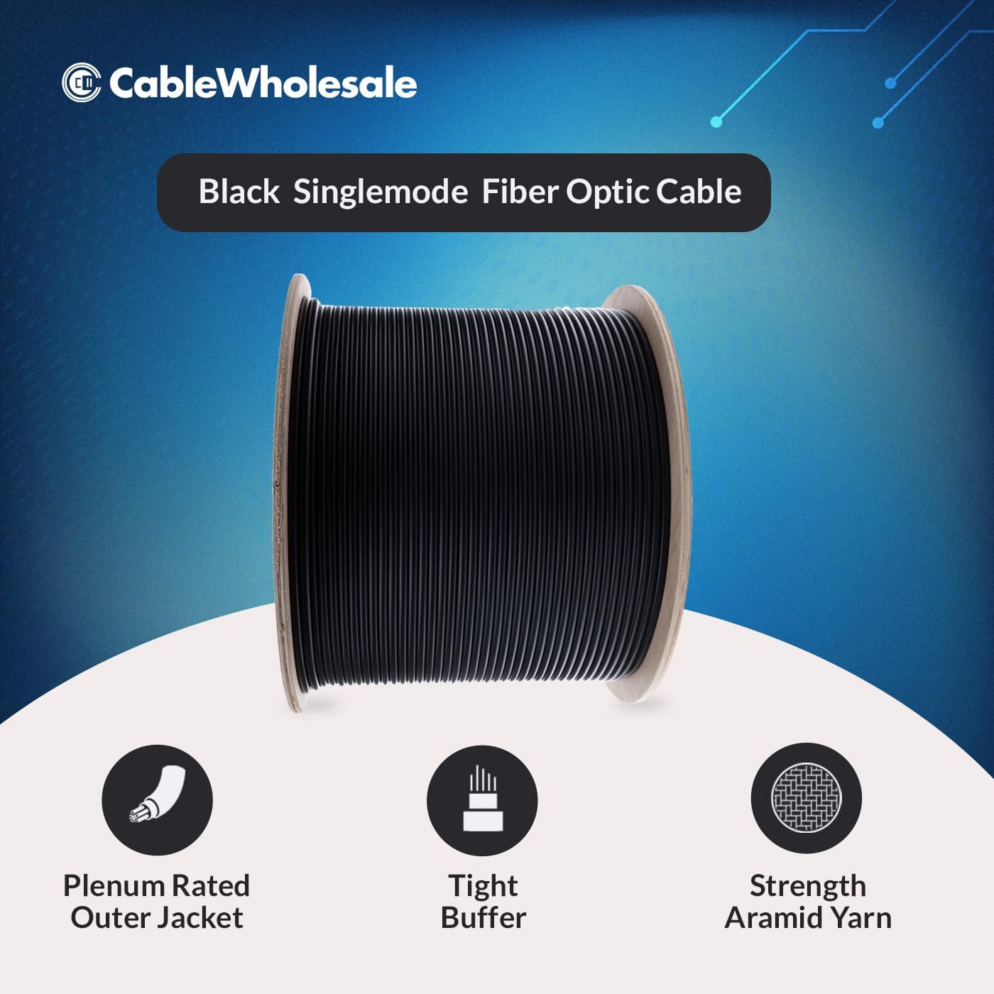 12-Strand Fiber Indoor/Outdoor Fiber Optic Cable, Singlemode 9/125, Plenum Rated, Black, Spool, 1000ft