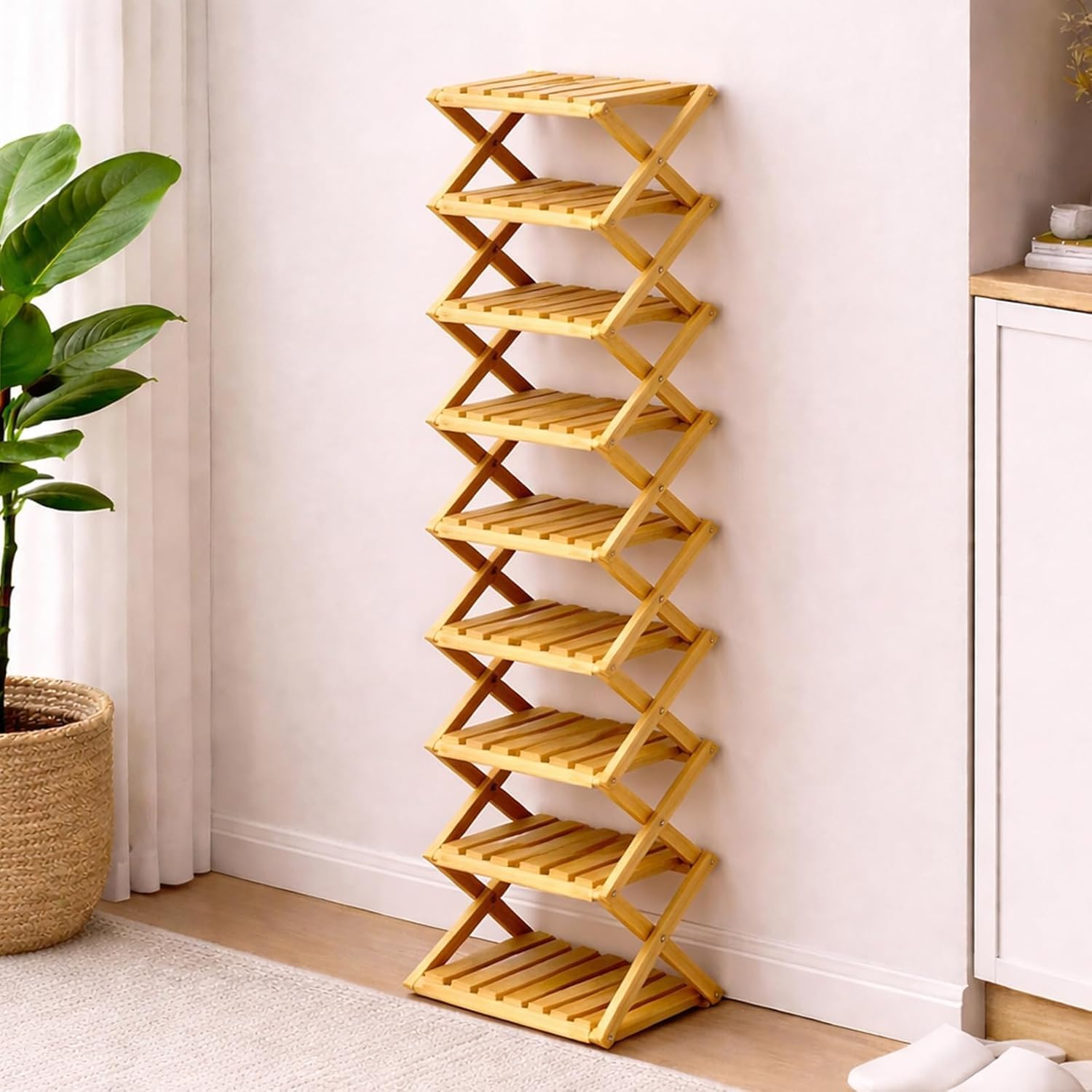 The 9-Tier No-Assembly Bamboo Rack, 2026 Upgraded Foldable 9 Tier Bamboo Corner Shoe Rack, Space-Saving Organizer for Shoes, No Assembly Narrow Shoe Shelf for Entryway Closet Dorm (Khaki-9 Layers)