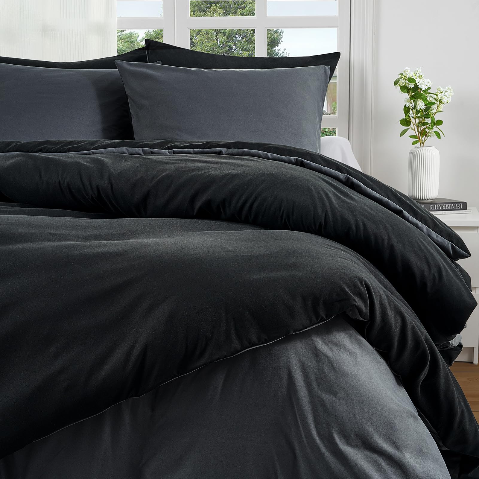Duvetnova Black/Grey Single Duvet Cover Set Reversible Soft Brushed Microfiber Bedding Set with Zipper Closure OEKO-TEX Wrinkle-Free 135x200cm with 1 Pillow Cases