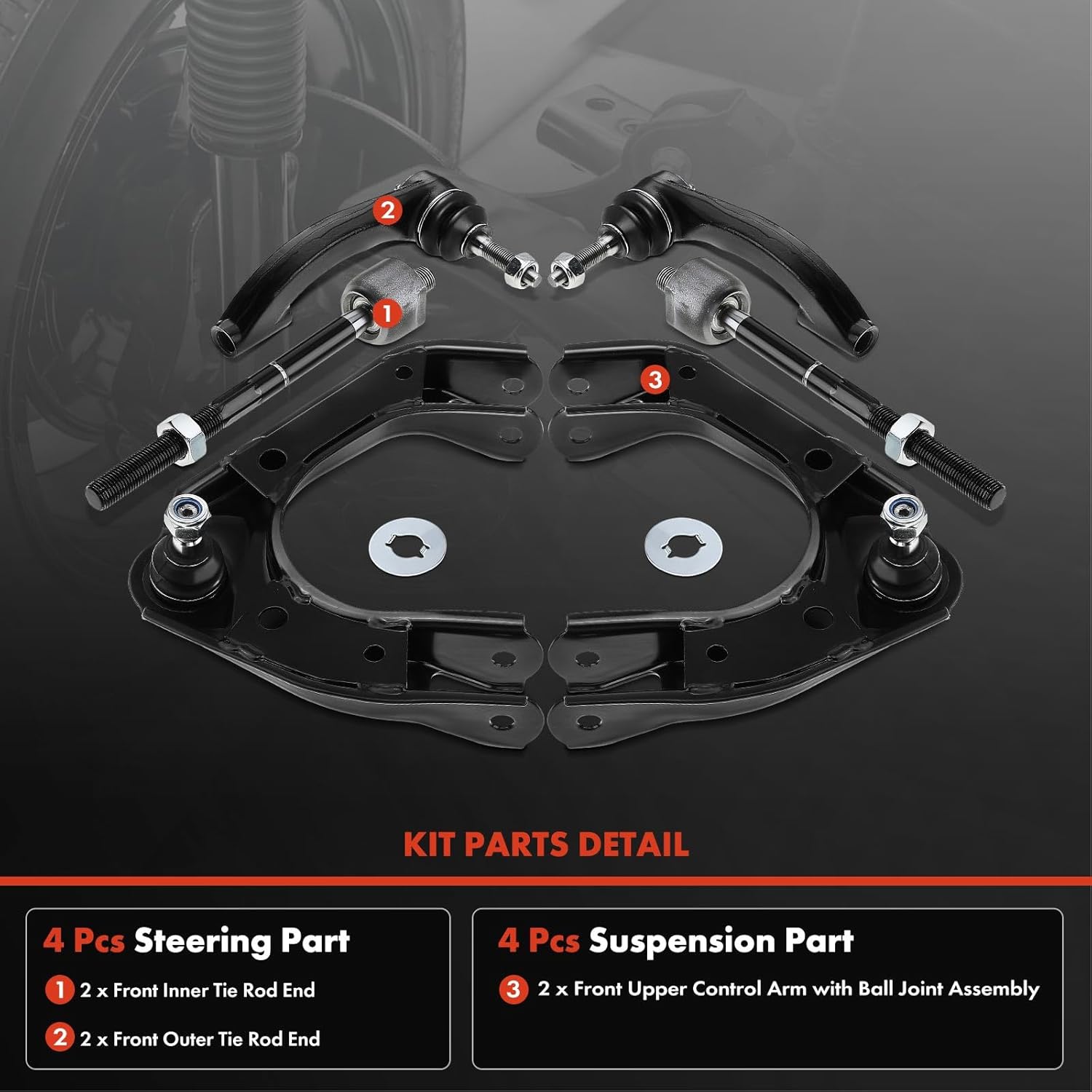 A-Premium Set of 6, Front Upper Control Arm Inner Outer Tie Rod End, Compatible with Chrysler Sebring 1996-2006, Cirrus 1995-2000 & Dodge Stratus 1995-2006 & Plymouth Breeze 1996-2000
